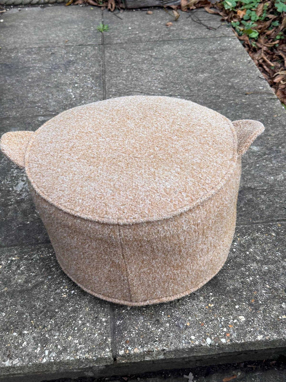 photo vinterior Vintage Retro Wool Covered Pouf Footstool In Soft Camel Tan With Ear Like Handles