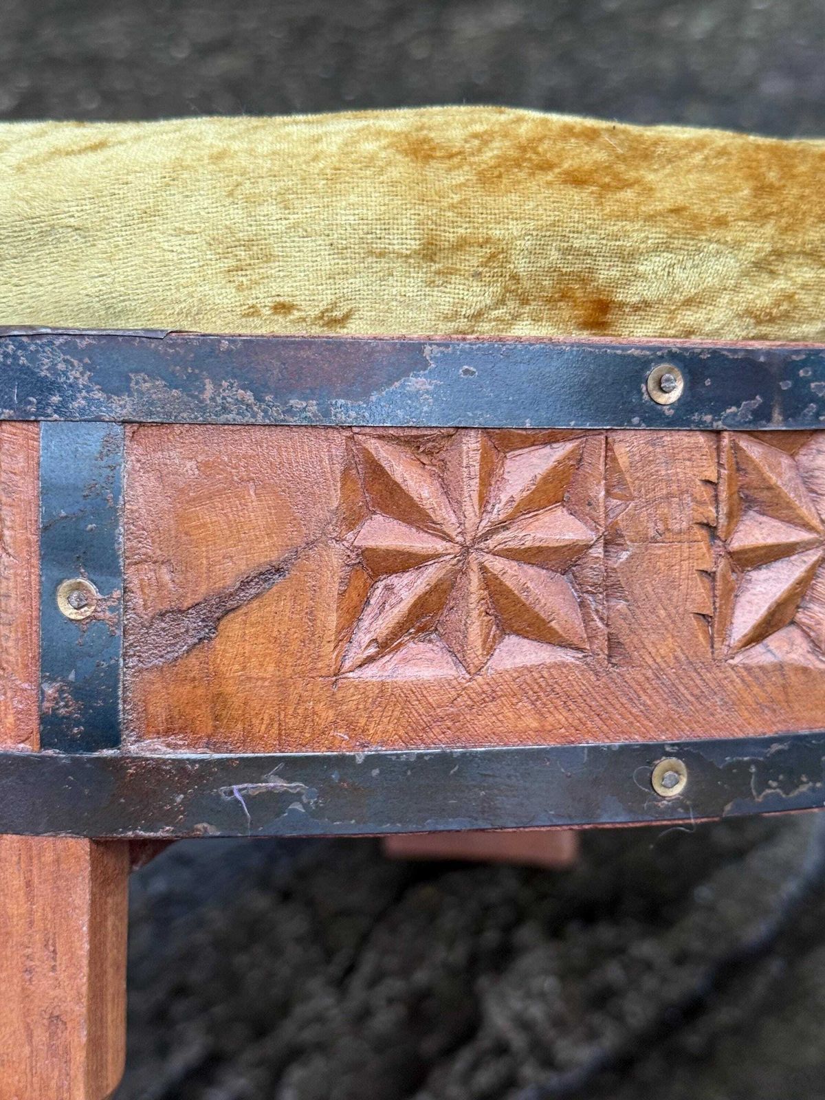 Vintage Hand Carved Wooden Footstool, Asian Hardwood Stool With Velvet Seat & Brass Detailing photo vintage