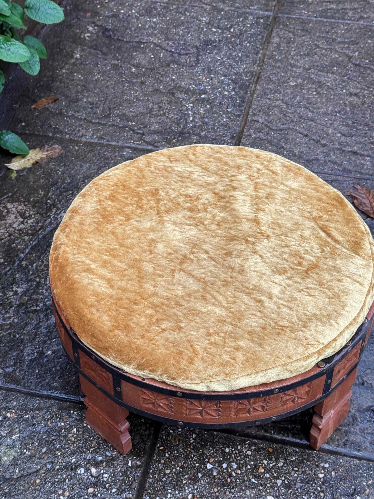 photo for sale Vintage Hand Carved Wooden Footstool, Asian Hardwood Stool With Velvet Seat & Brass Detailing