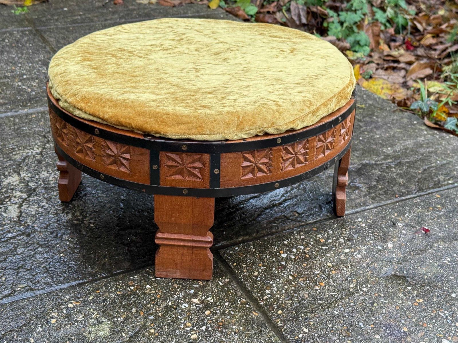 145.0 Vintage Hand Carved Wooden Footstool, Asian Hardwood Stool With Velvet Seat & Brass Detailing photo