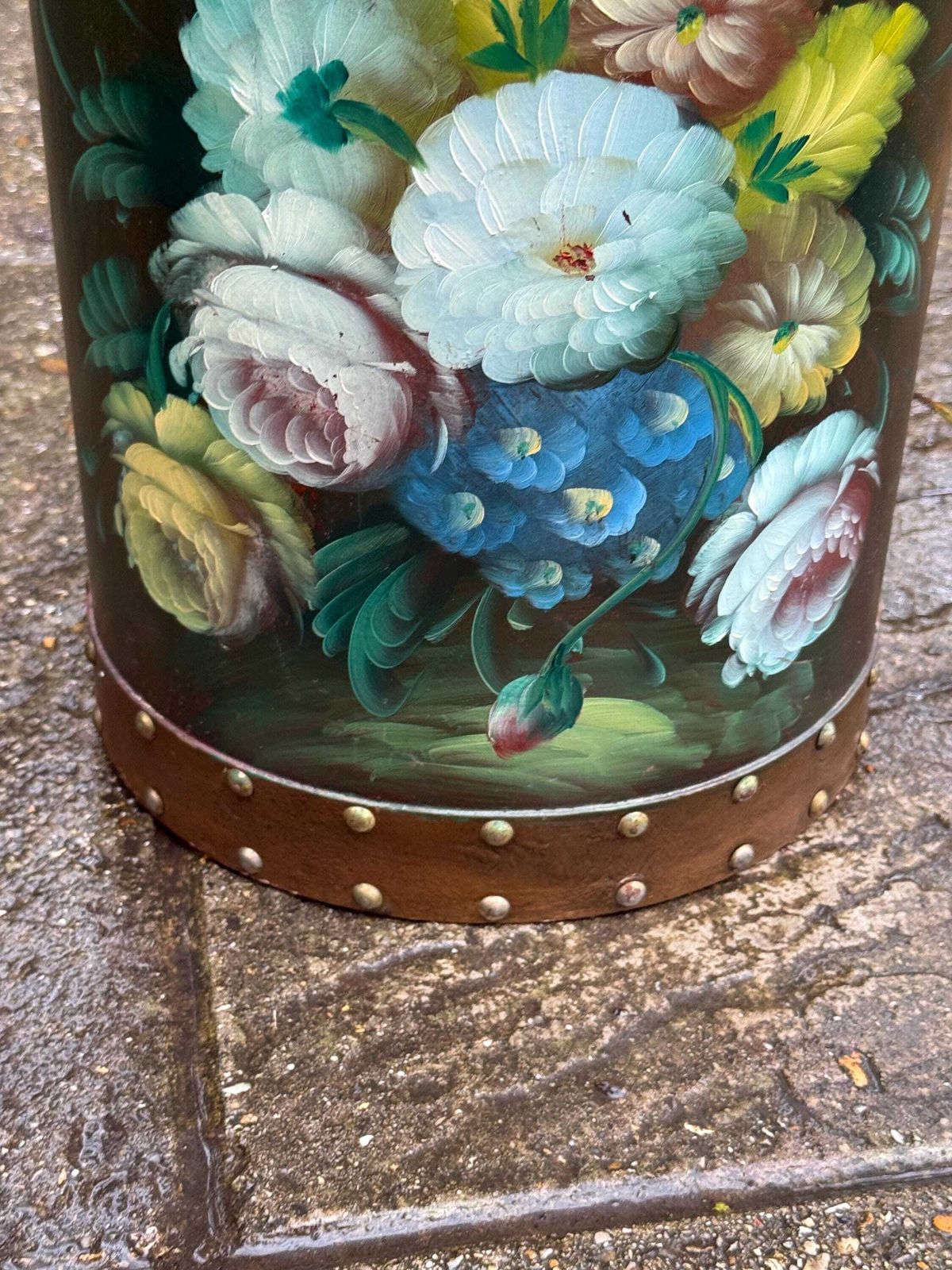 photo vintage Vintage Hand Painted Wooden Umbrella Stand, Mid Century Folk Art Stick Stand With Brass Stud Detailing