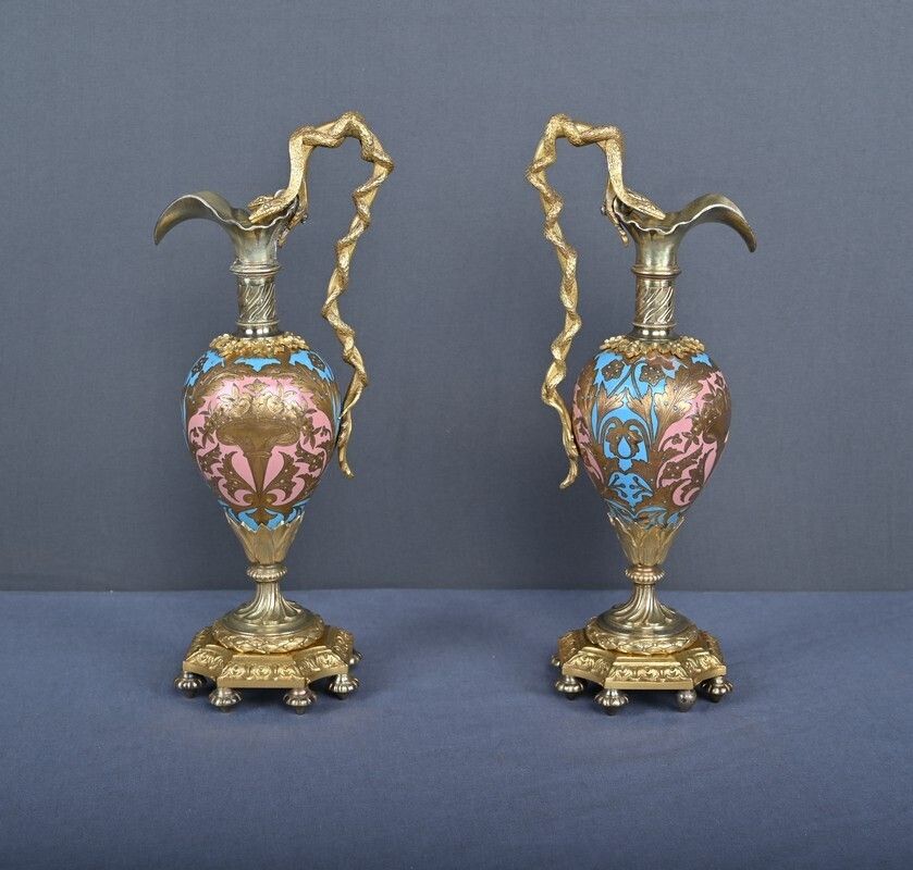 Pair Of Bronze & Cloisonné Enamel Ewers, Napoleon III Period – Mid 19th Century photo for sale