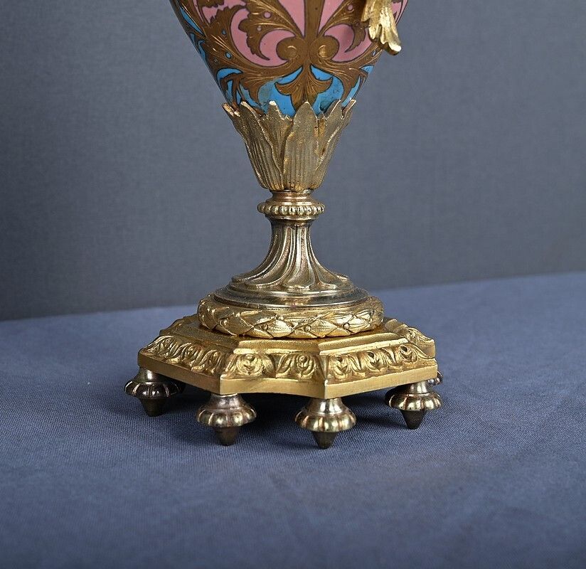 Pair Of Bronze & Cloisonné Enamel Ewers, Napoleon III Period – Mid 19th Century photo vintage