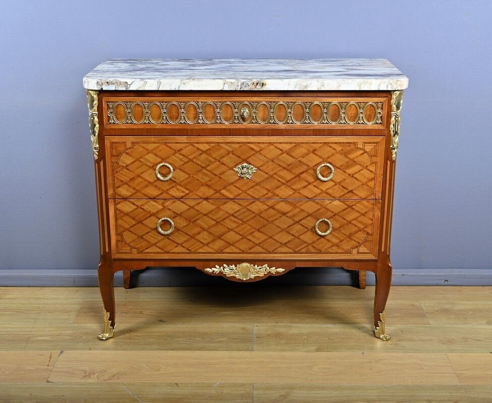 Marquetry Commode, Louis XV Louis XVI Transition Style – Early 20th Century photo vinterior