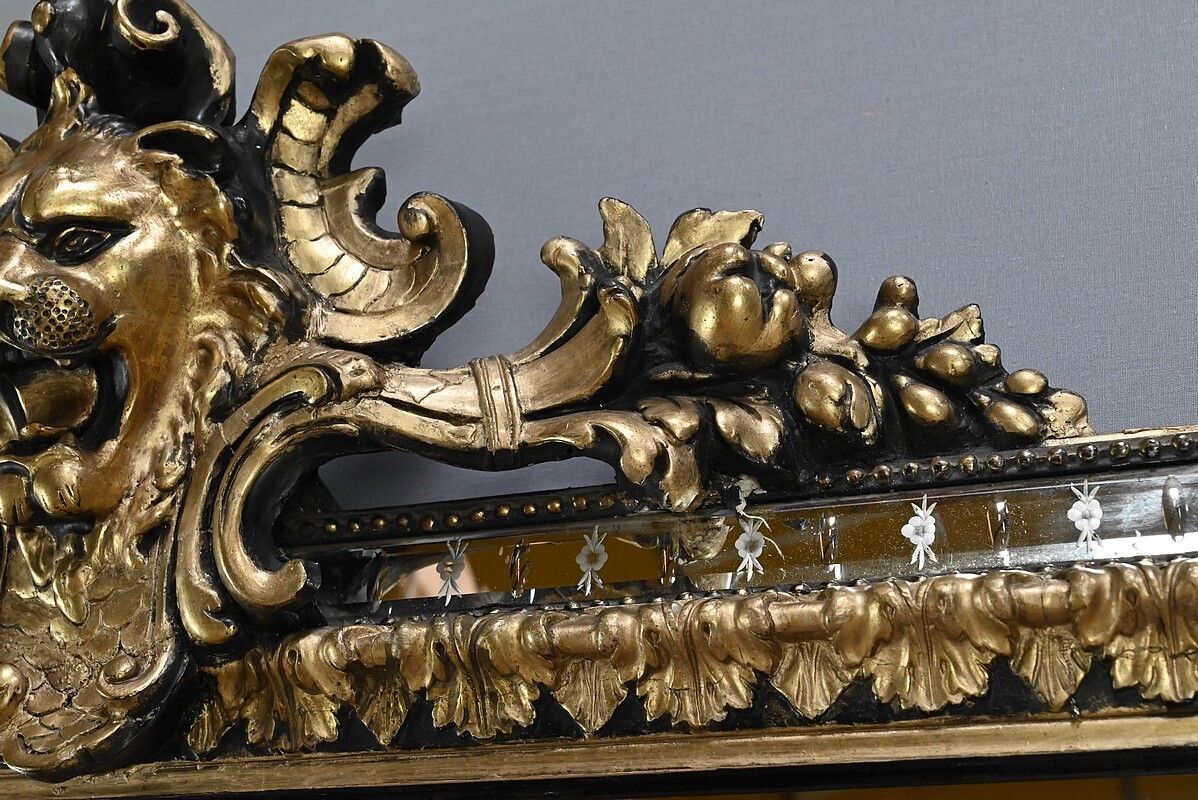 photo furniture Large Mirror With Parcloses In Gilded And Blackened Wood, Napoleon III Style – Late 19th Century