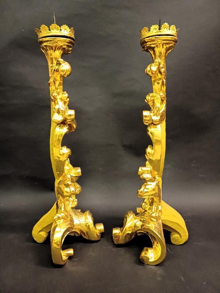 photo for sale Large Baroque Giltwood Candleholders, 1700s, Set Of 2