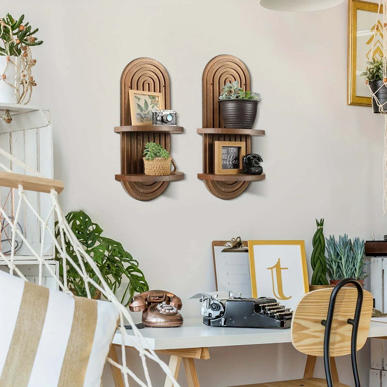 Set Of 2 Rainbow Arch Brownwooden Wall Shelves photo 10140.0