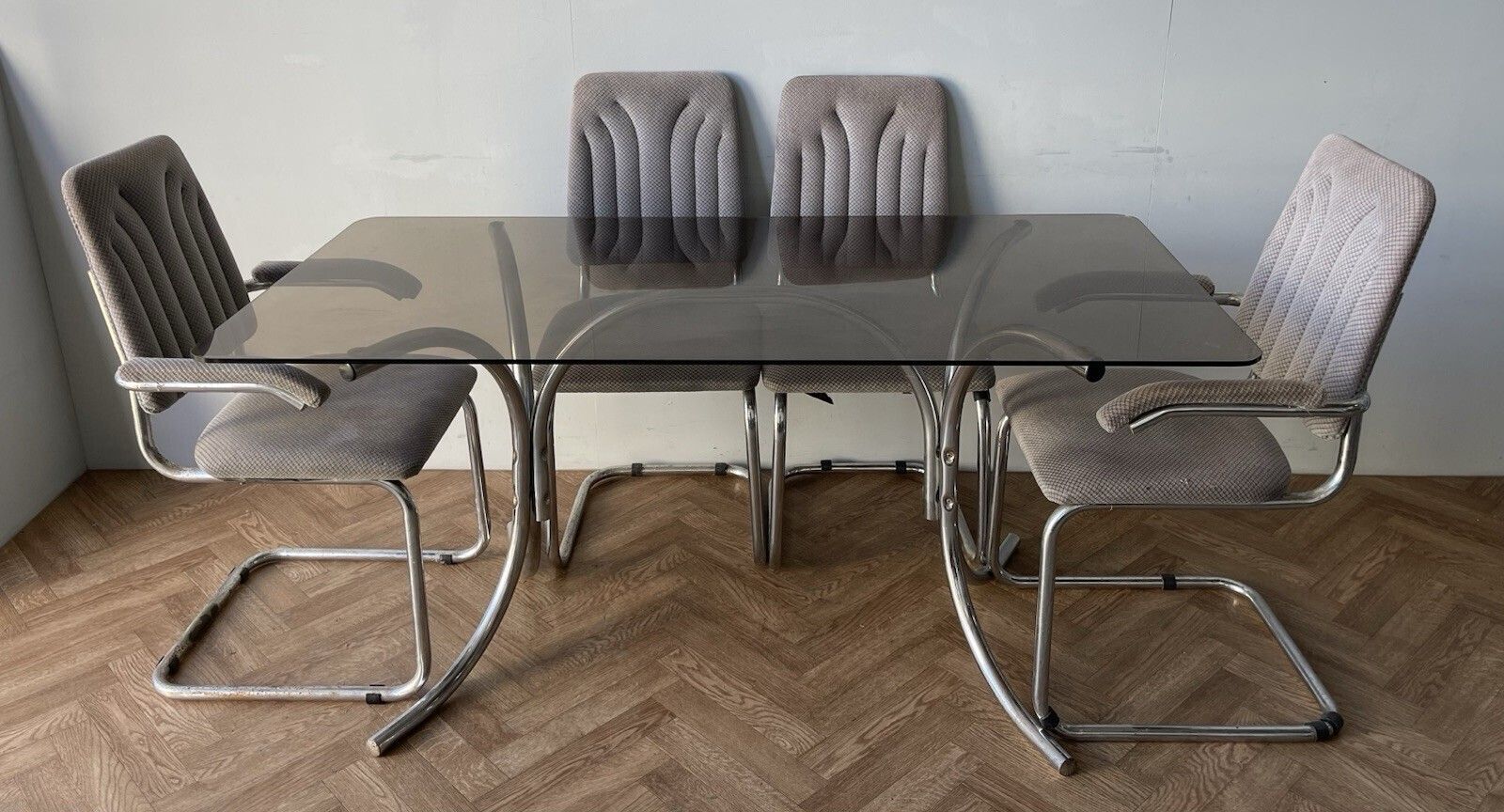 Vintage Smoked Glass And Chrome Dining Table And 6 Cantilever Chairs photo furniture