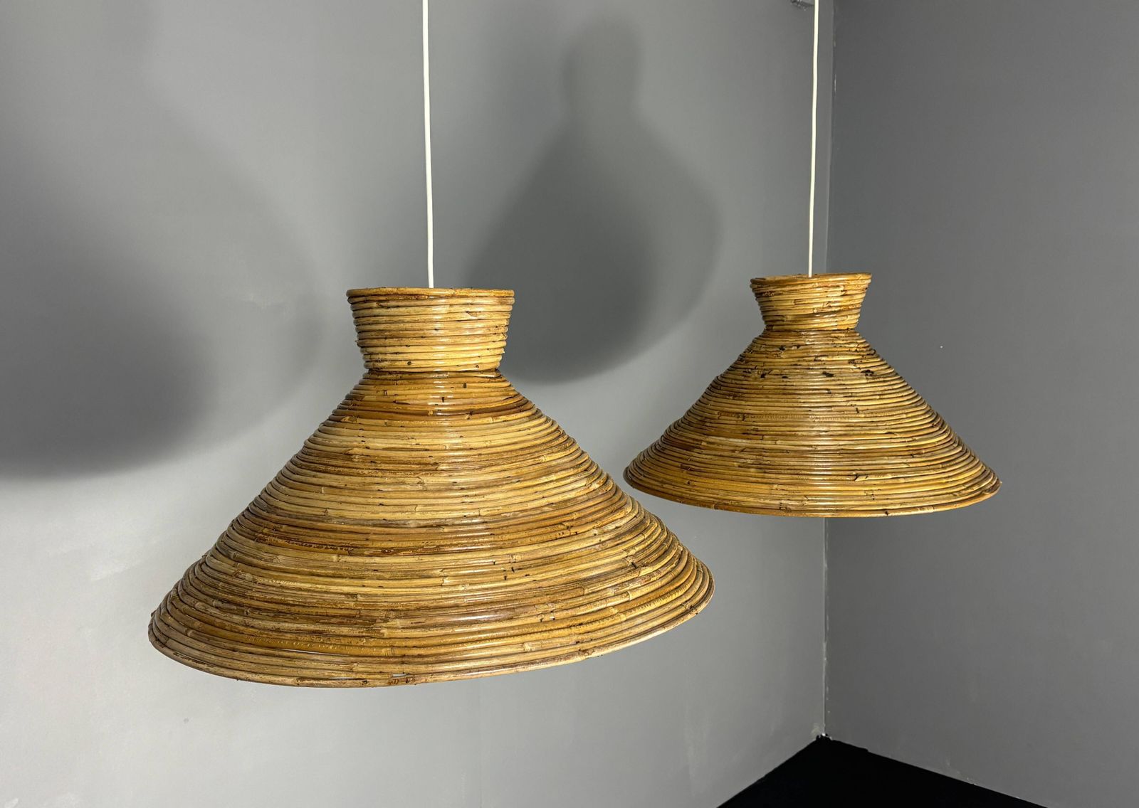 Midcentury Pair Pencil Rattan Large ( 62 Cm ) Pendants, Italy 1970s photo 1527.0