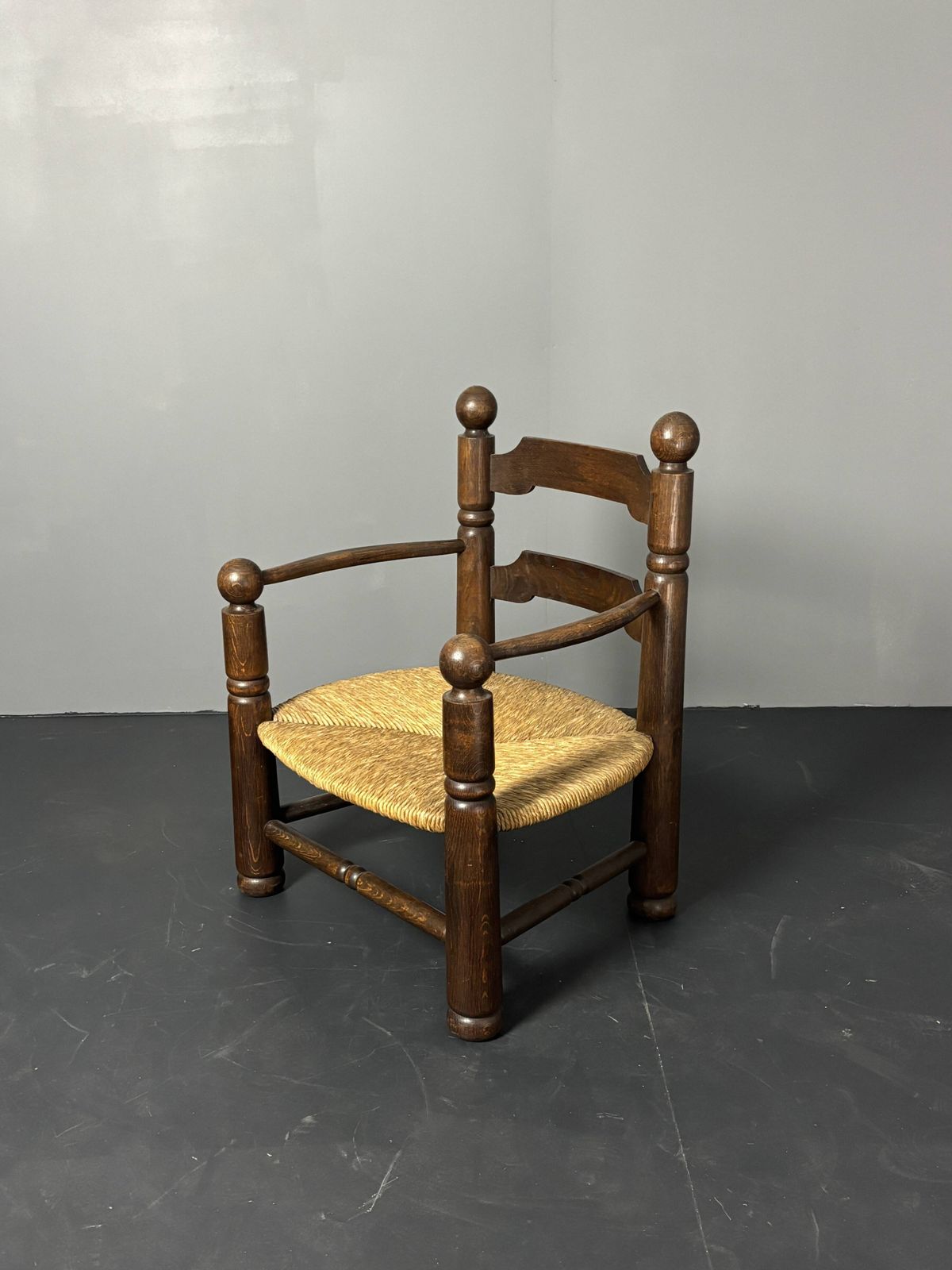 Brutalist French Low Rush Oak Side Armchair By Charles Dudouyt Ca 1940s photo for sale