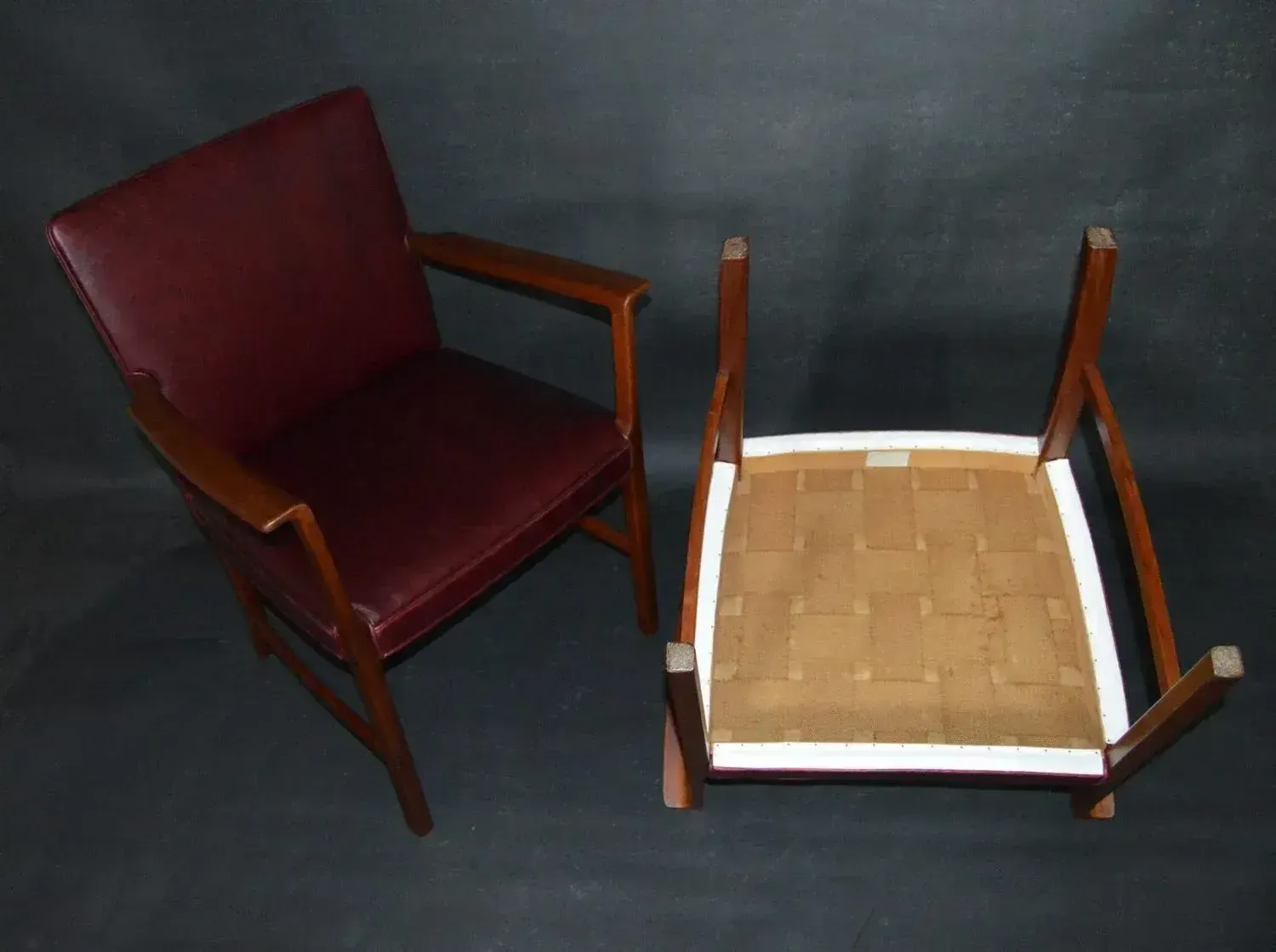 photo for sale Set Of Armchairs Of Burgundy Red Leather Teak By Ole Wanscher For A.J. Iversen, 1950s