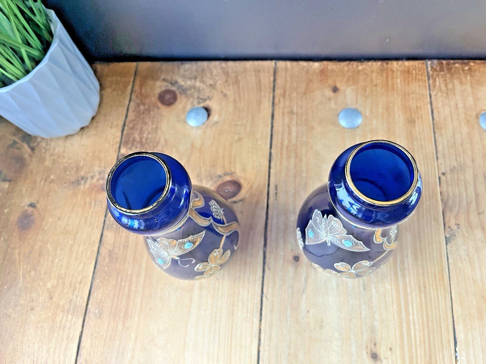 photo for sale Pair Of Art Nouveau Bohemian Cobalt Gold Overlay Butterfly Vases Carl Goldberg.