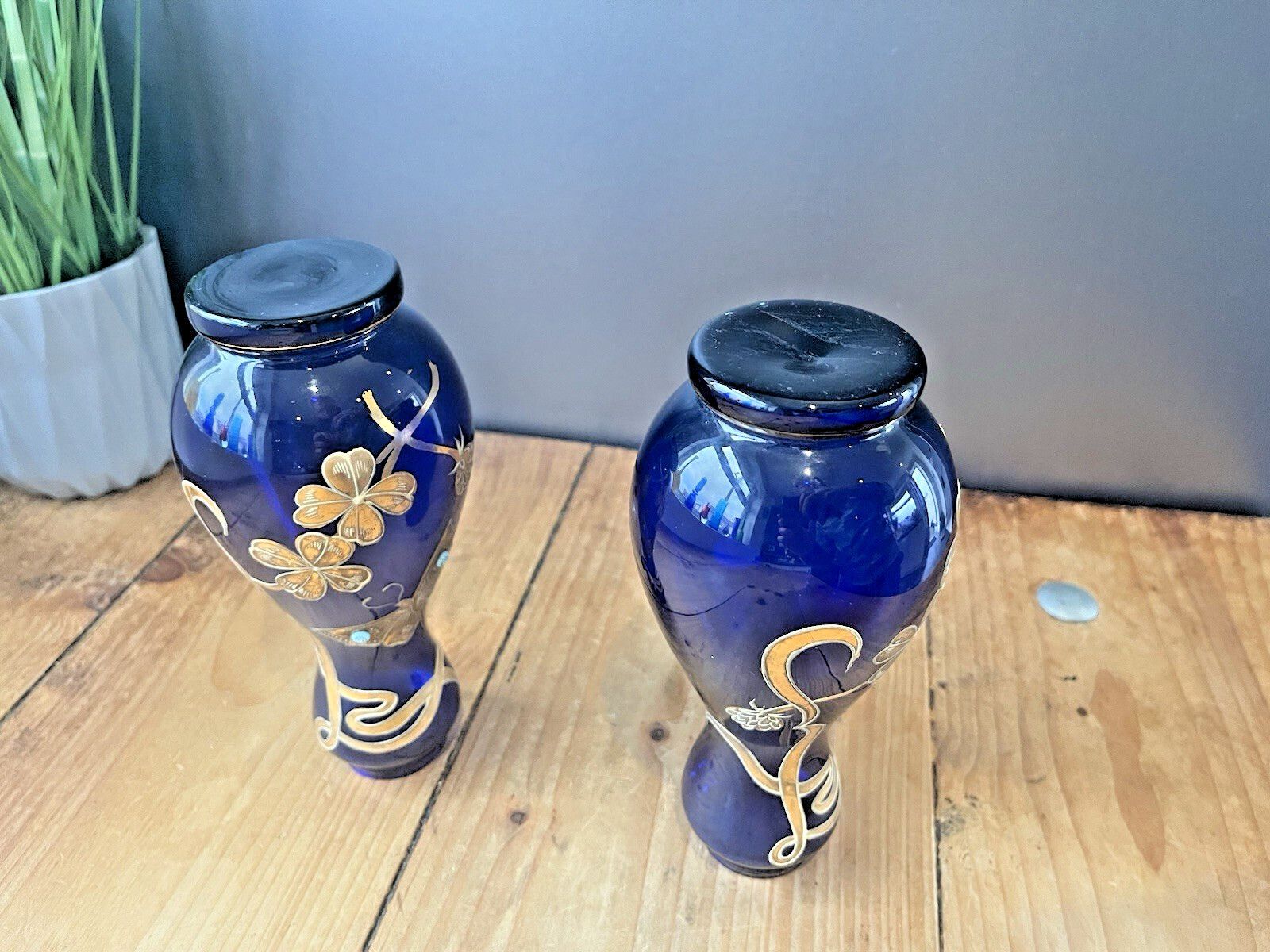 Home Decor Pair Of Art Nouveau Bohemian Cobalt Gold Overlay Butterfly Vases Carl Goldberg. photo
