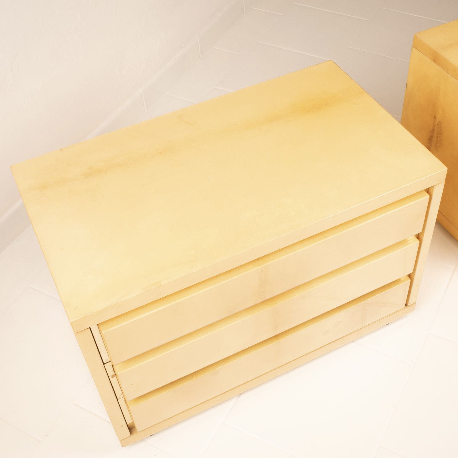photo for sale Pair Of Parchment Bedside Tables By Aldo Tura For Tura Milano