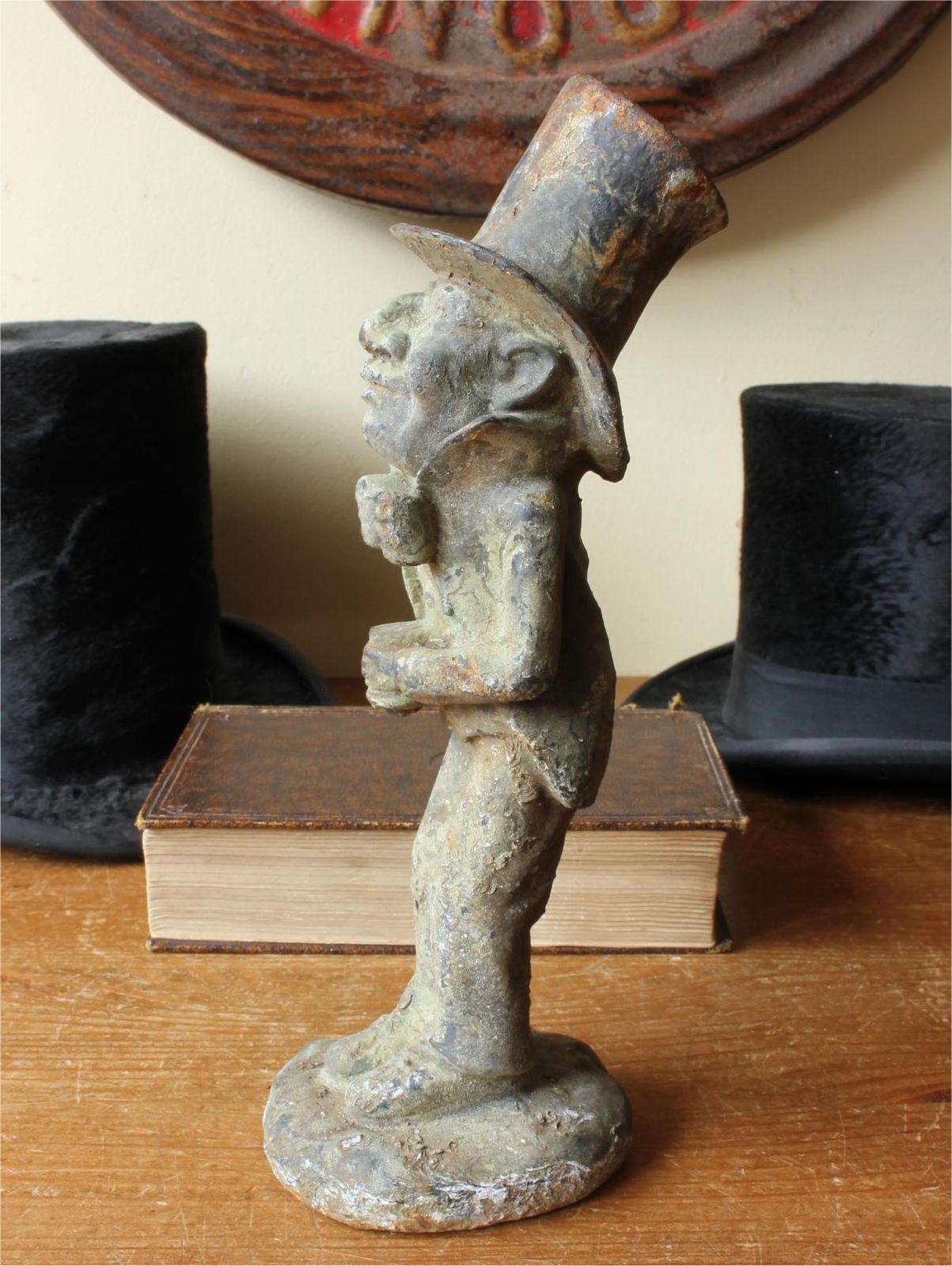 photo for sale Man In Top Hat Figure. Decorative Patinated Cast Iron Garden Ornament.