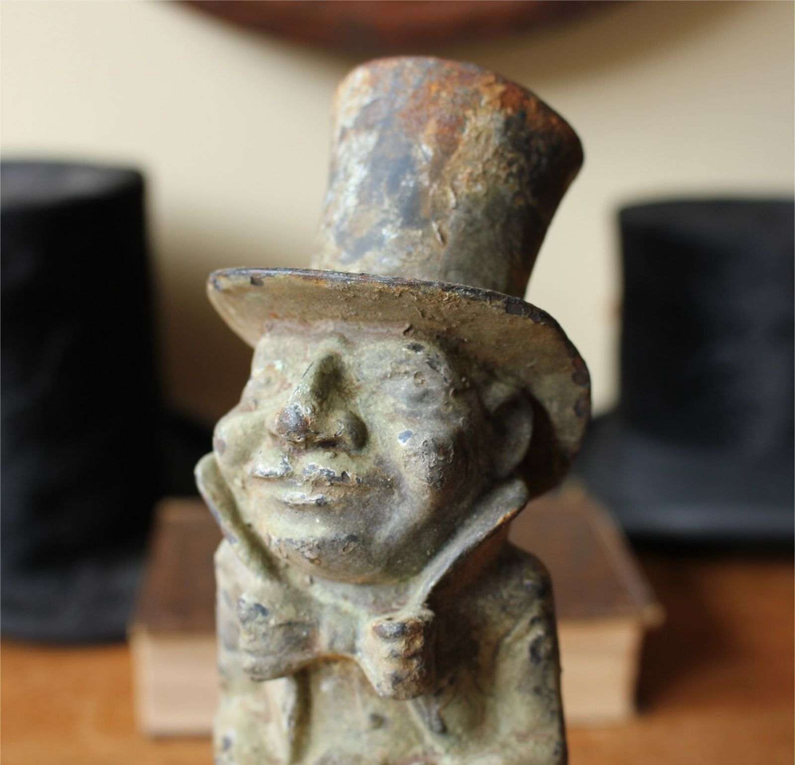 Home Decor Man In Top Hat Figure. Decorative Patinated Cast Iron Garden Ornament. photo