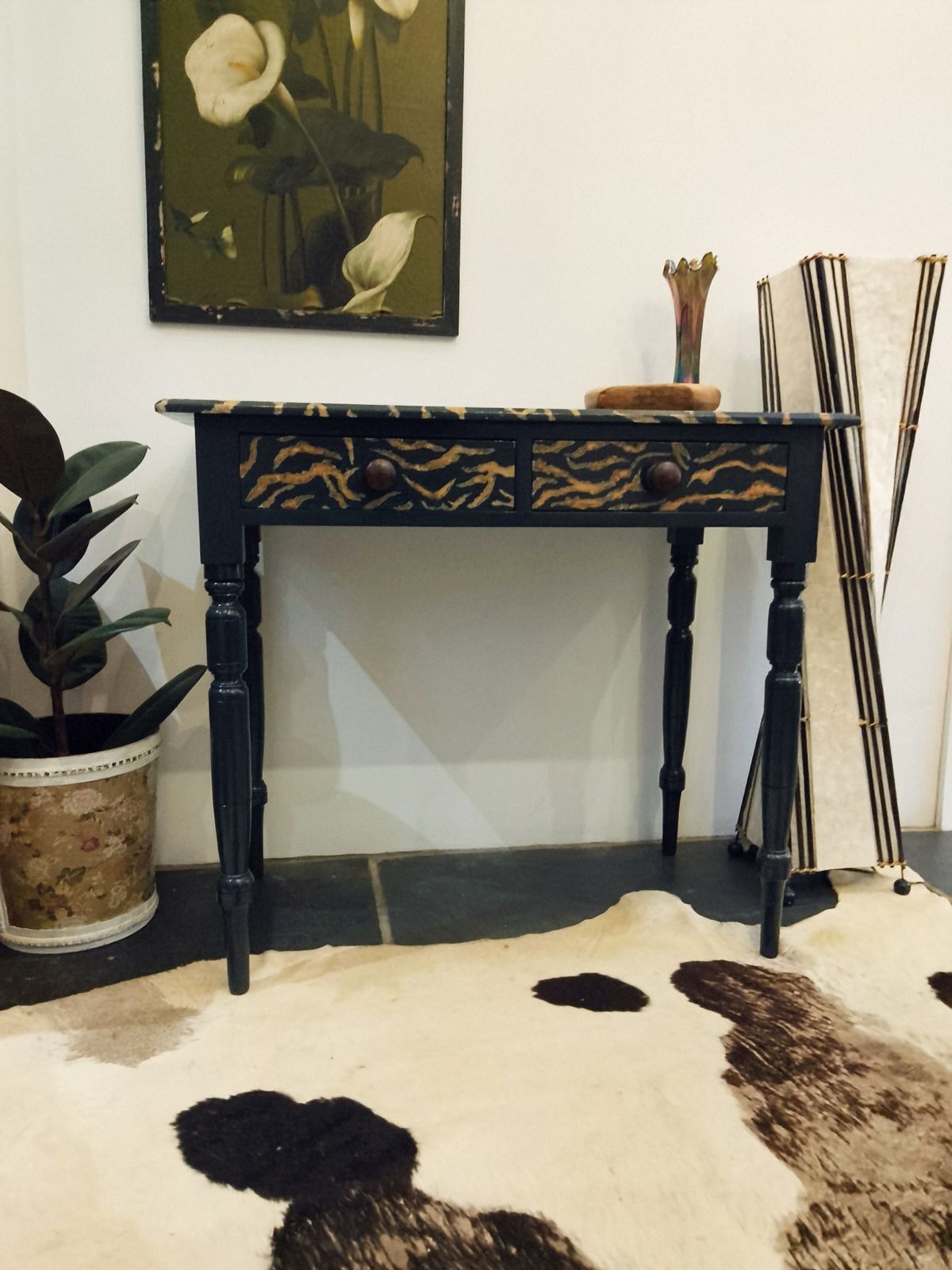 photo furniture Victorian Pitch Pine Console Hand Painted With A Tiger Print Design.