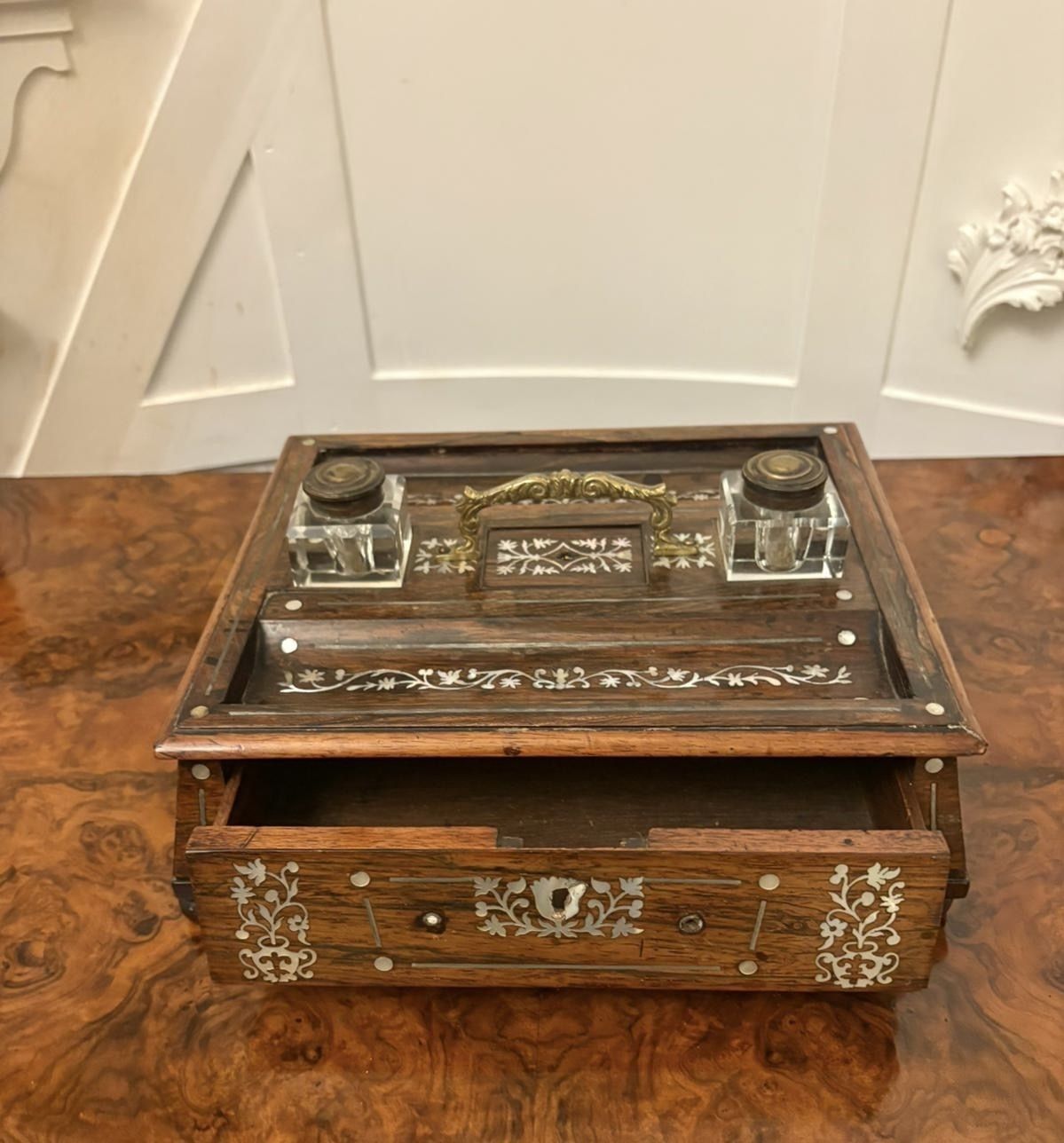 Antique Regency Rosewood Inlaid Writing Desk Set With Inkwells photo vinterior