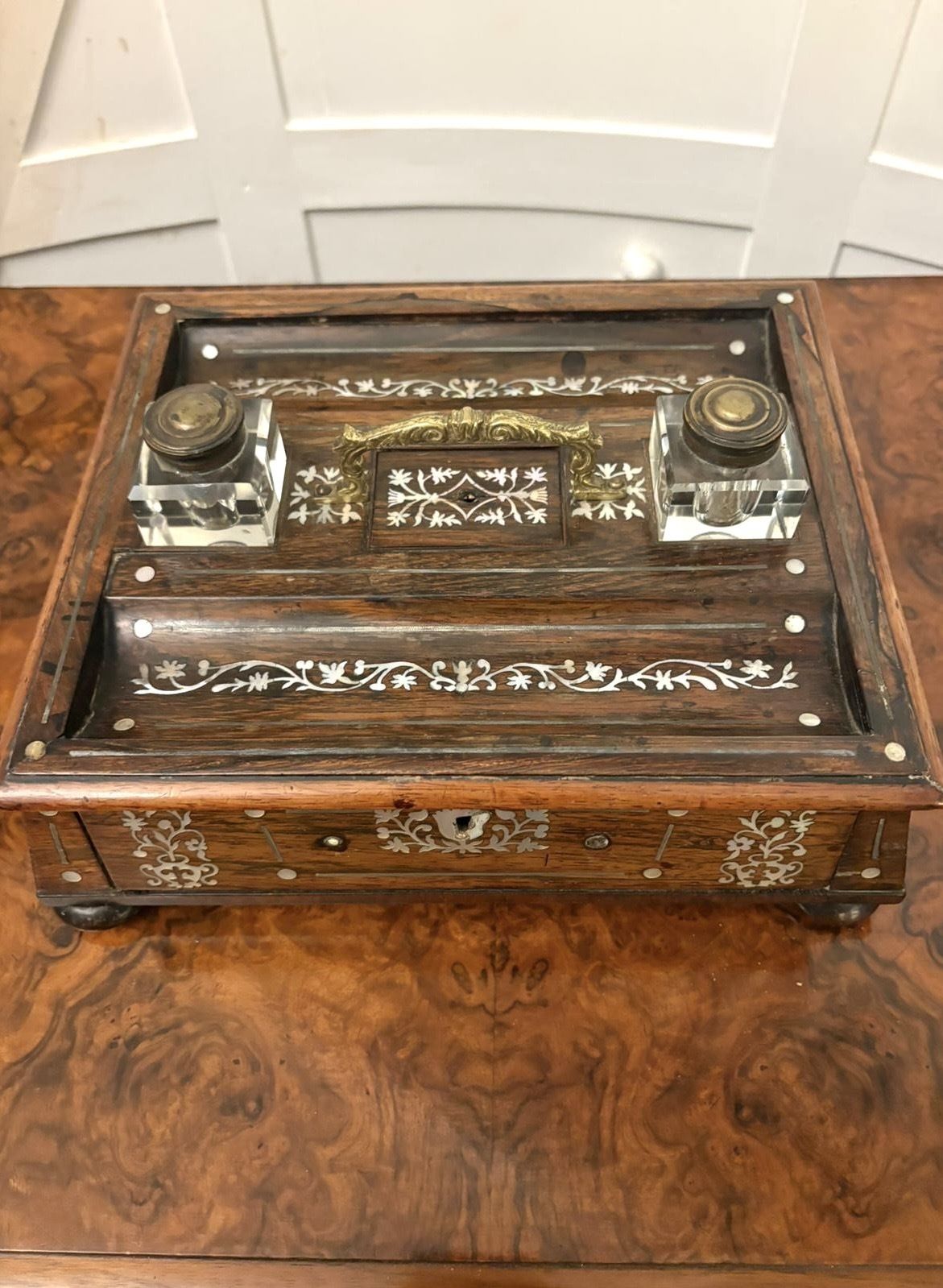 Antique Regency Rosewood Inlaid Writing Desk Set With Inkwells