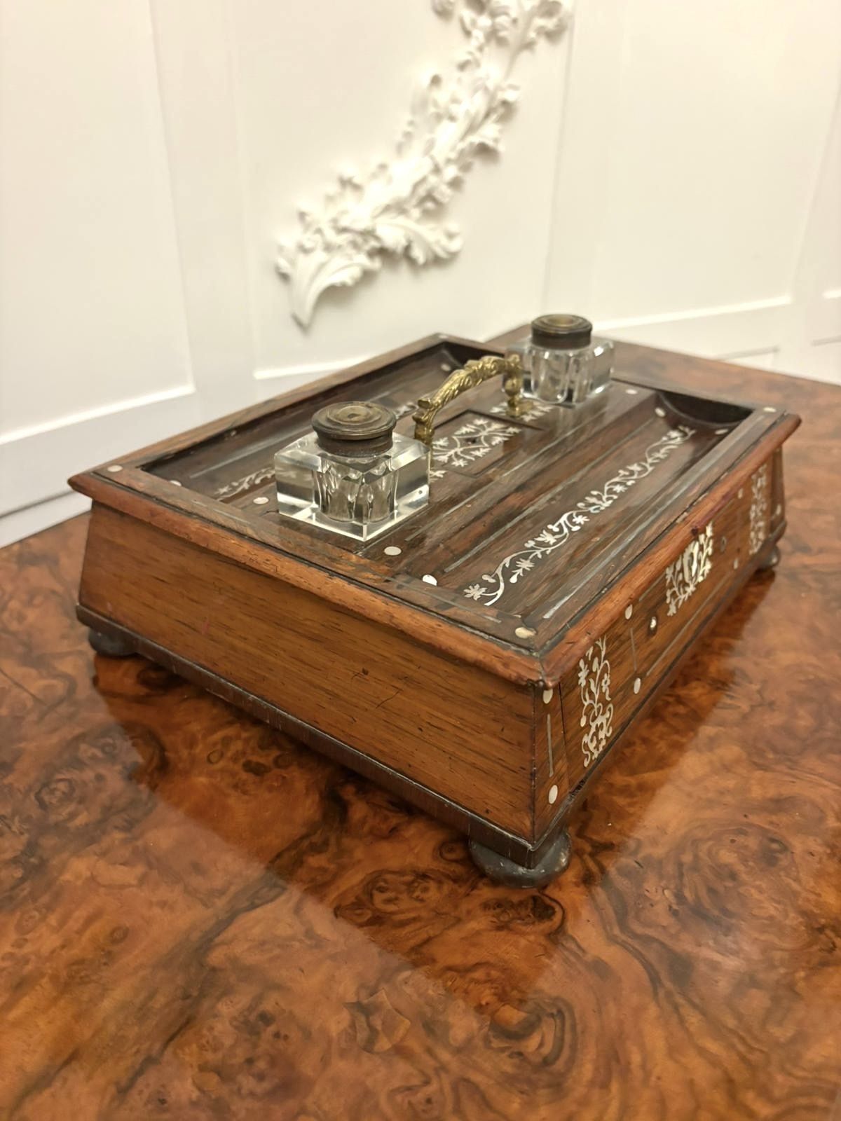 Antique Regency Rosewood Inlaid Writing Desk Set With Inkwells photo vintage