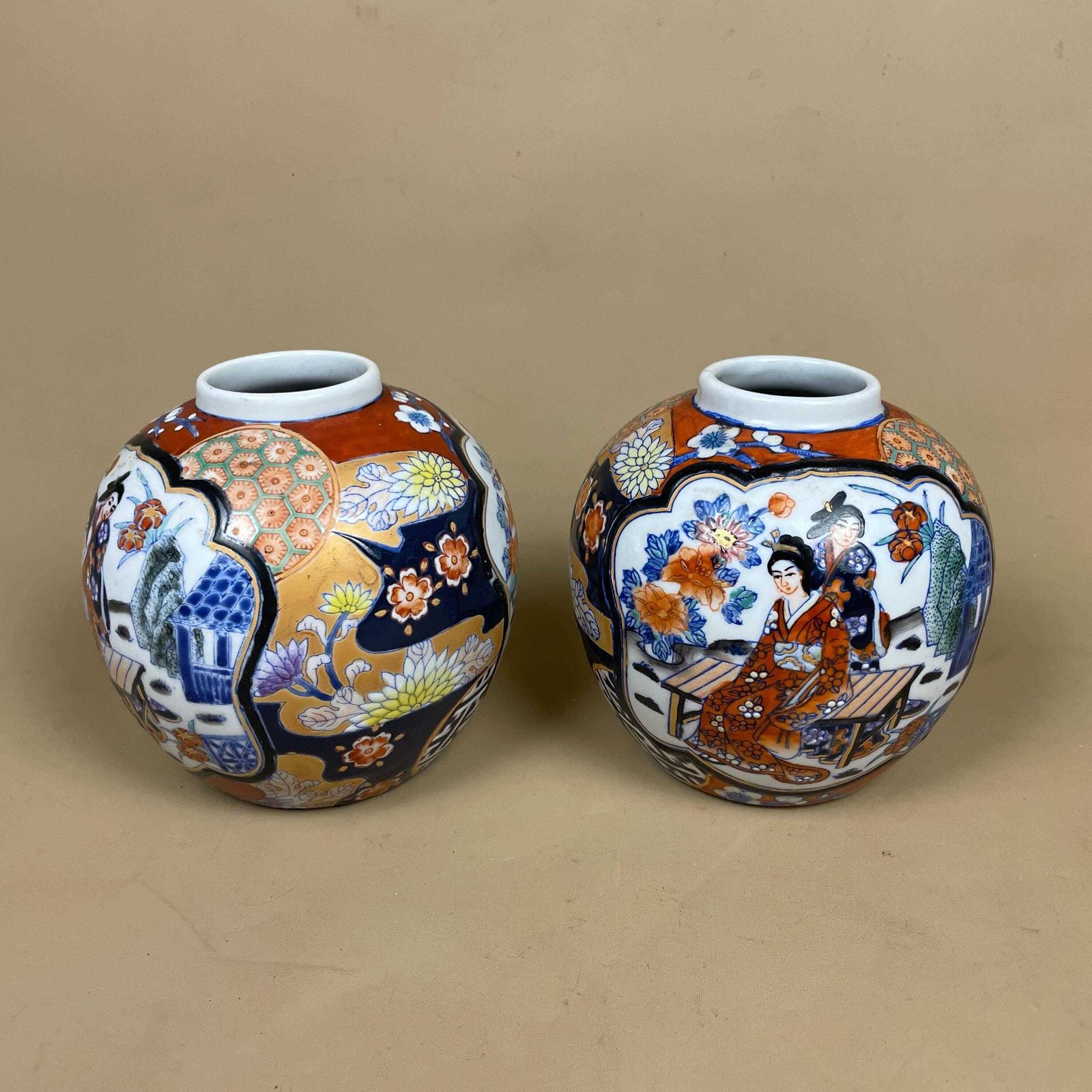 Pair Of Oriental Decorative Vases Ceramic Blue White Round Circle Pots Chinese Vintage Display X2 Ginger Jar Hand Painted Asian photo for sale