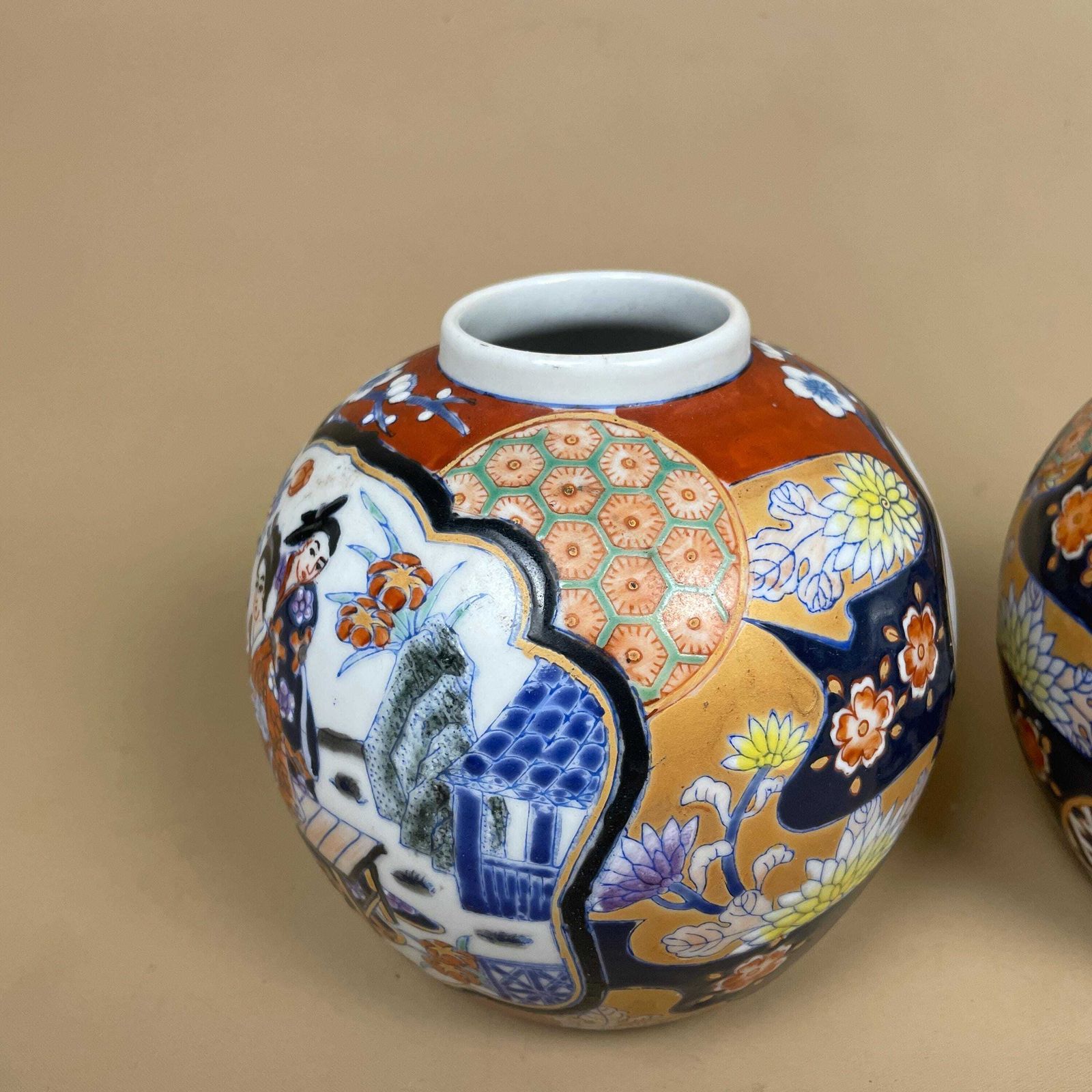 Pair Of Oriental Decorative Vases Ceramic Blue White Round Circle Pots Chinese Vintage Display X2 Ginger Jar Hand Painted Asian photo Home Decor