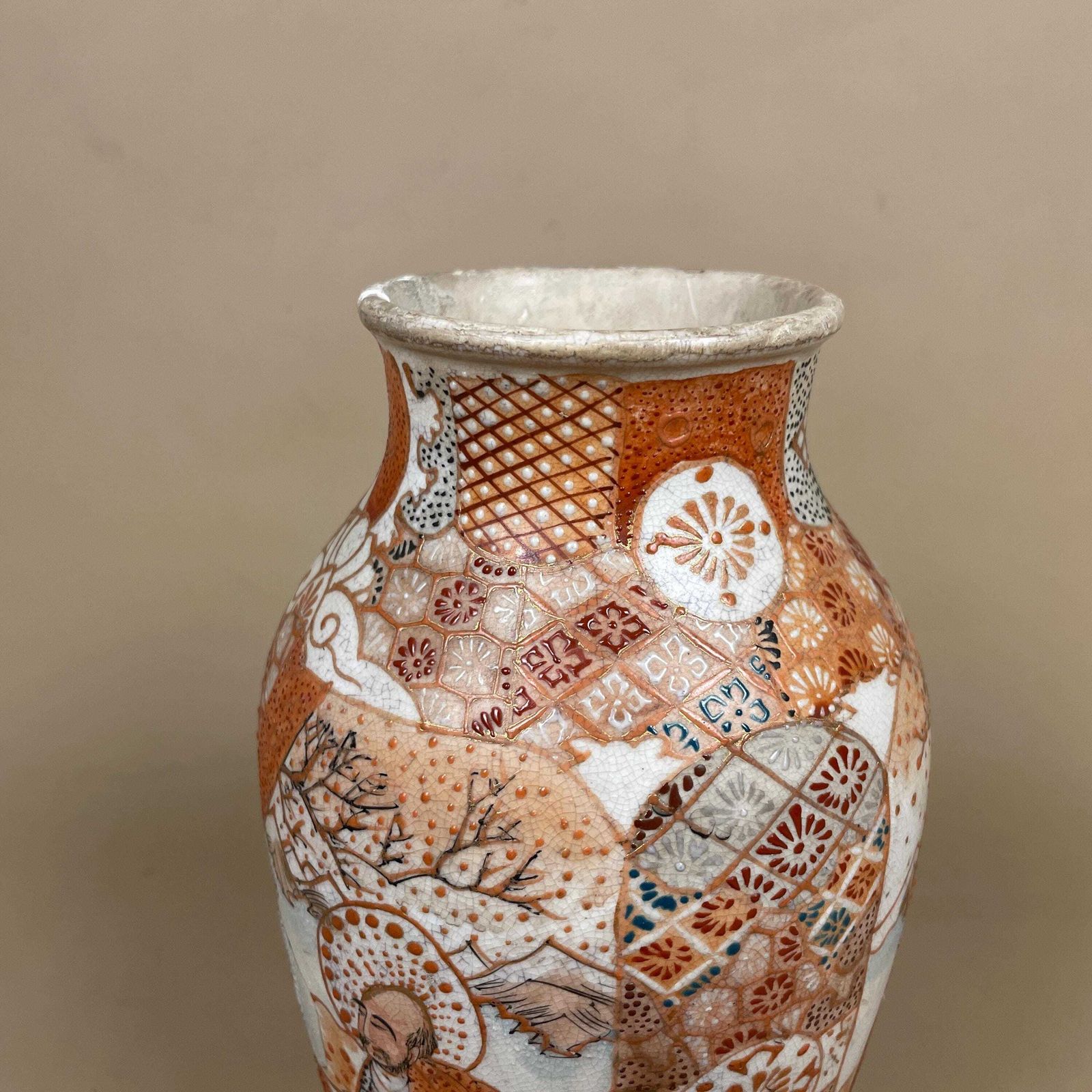 Oriental Antique Decorative Vase Ceramic Orange White Pot Chinese Vintage Display Ginger Jar Hand Painted Asian Old Aged Figures Clay photo for sale