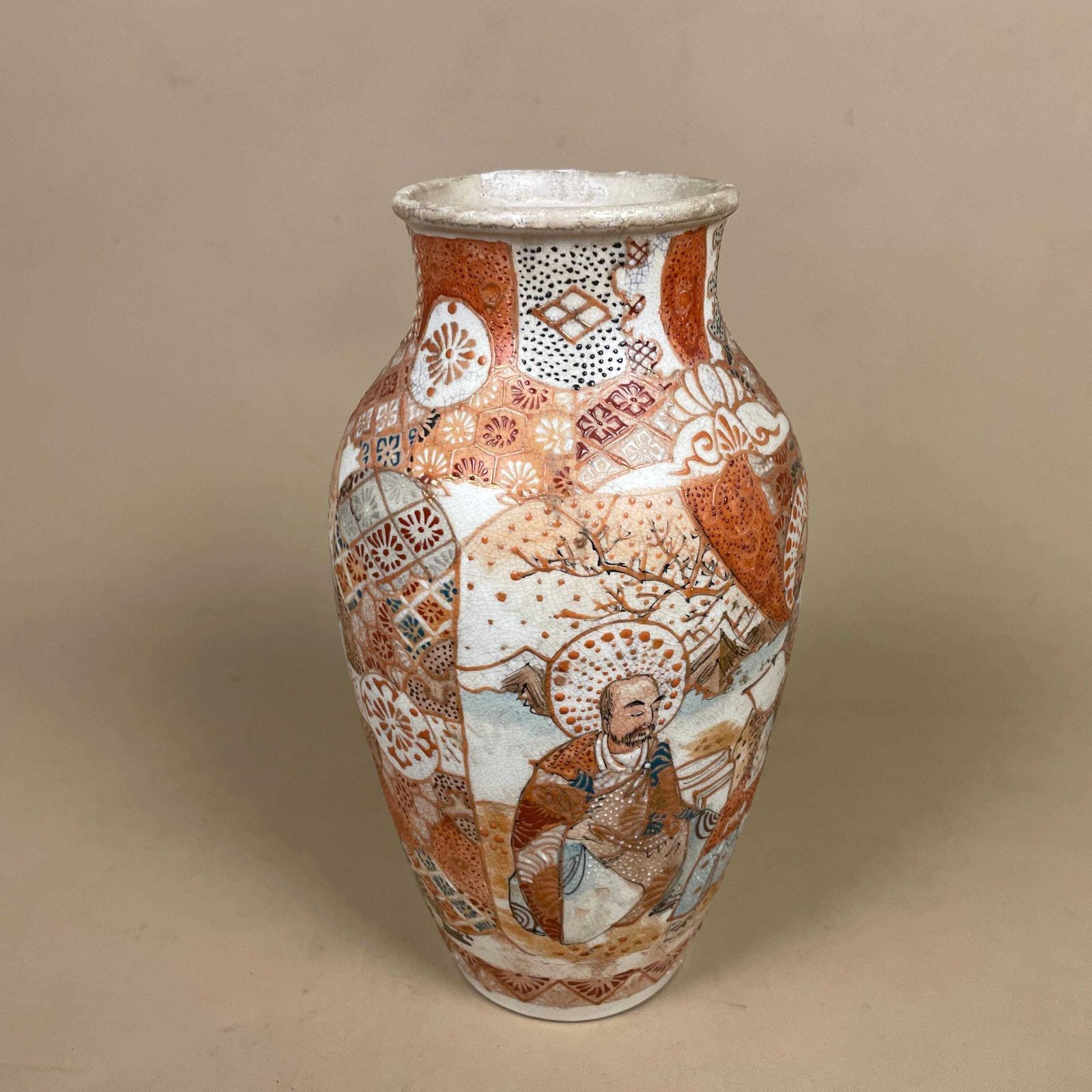 Oriental Antique Decorative Vase Ceramic Orange White Pot Chinese Vintage Display Ginger Jar Hand Painted Asian Old Aged Figures Clay photo 69.0