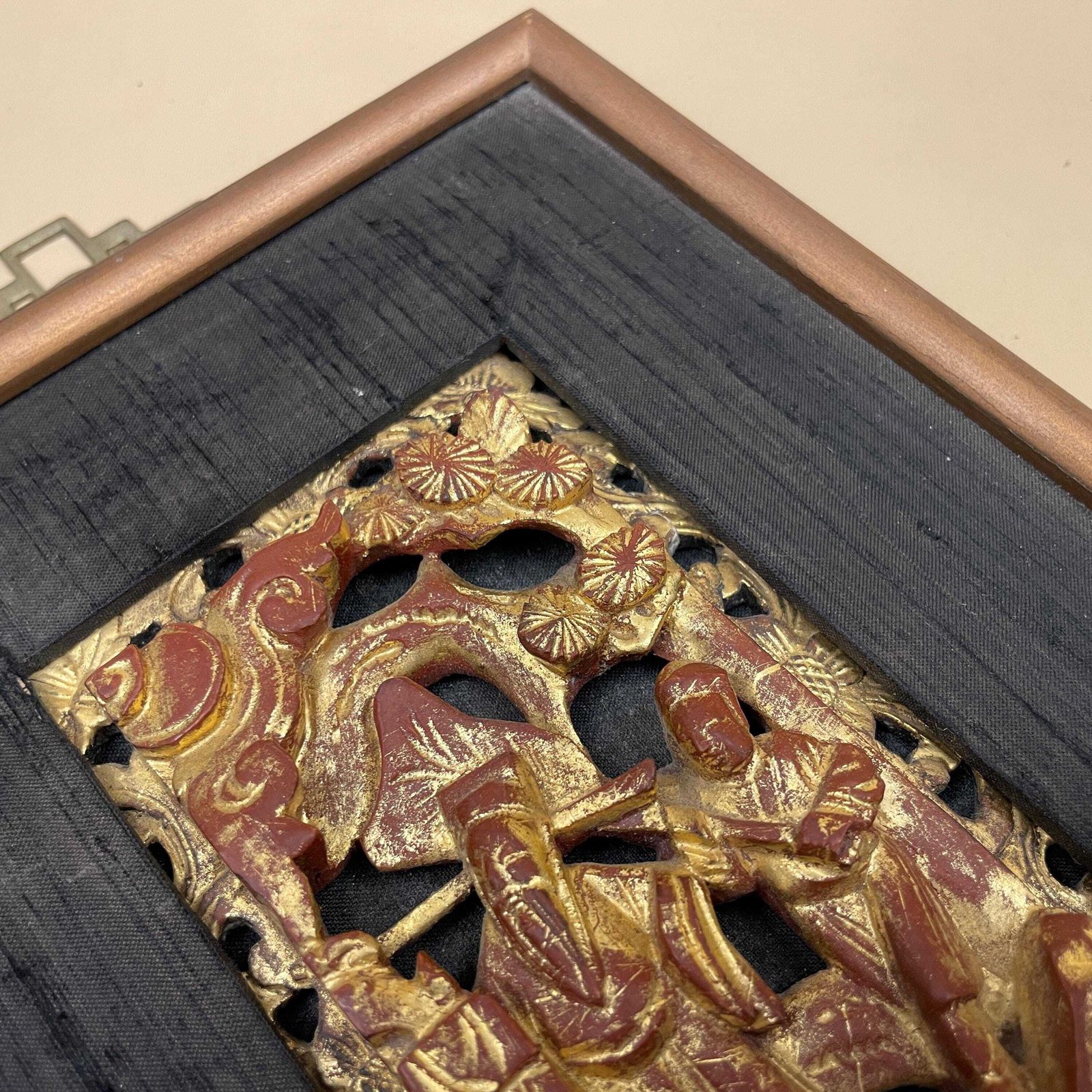 photo for sale Chinese Gilt Wood Carving Figural Panel Vintage Hong Kong Framed Art Asian Gold Lacquer Carved Scholar Scene Decorative Wall Hanging