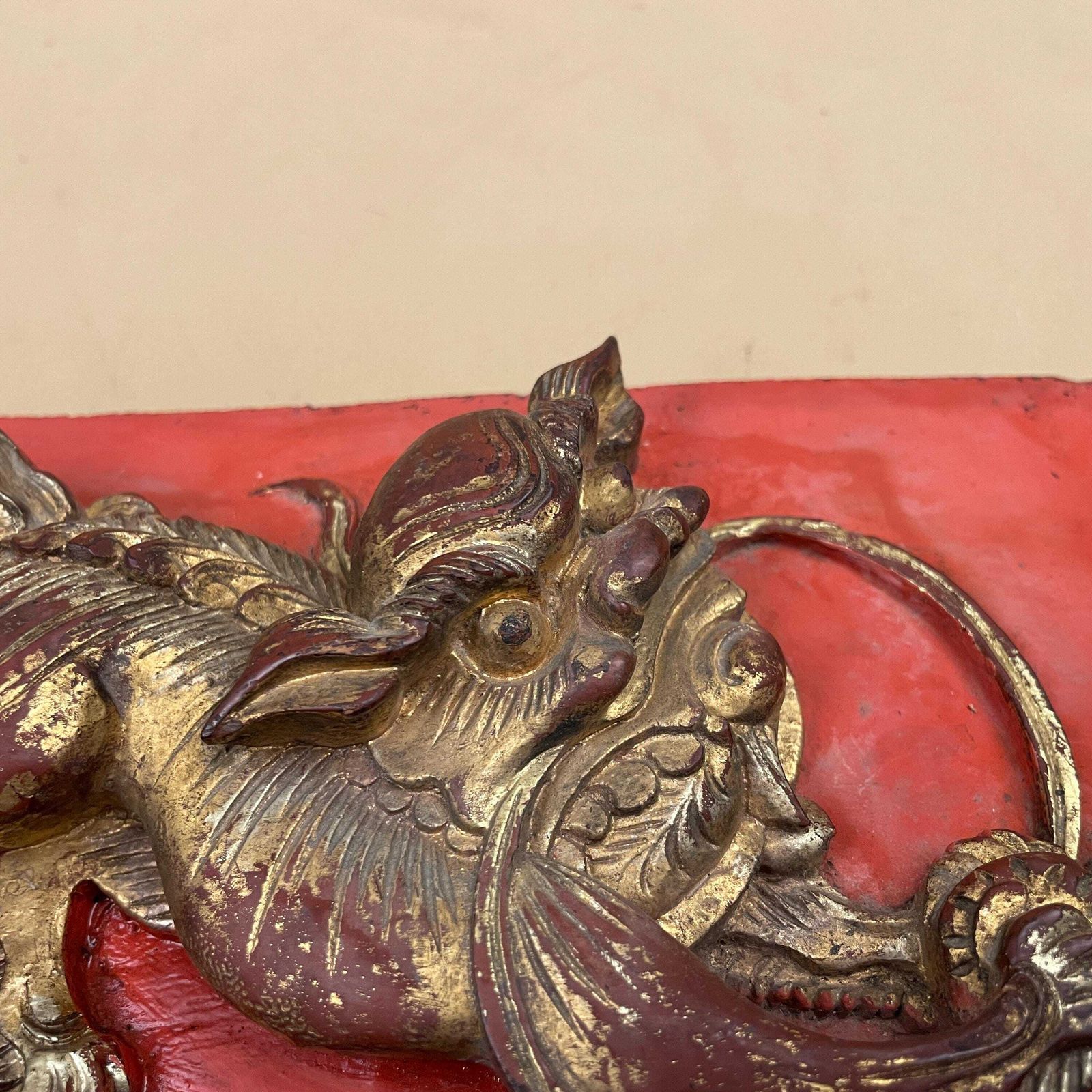 Chinese Gilt Wood Carving Qilin Beast Panel Vintage Red Lacquer Art Gold Carved Mythical Creature Asian Wall Decor Architectural Fragment photo vinterior