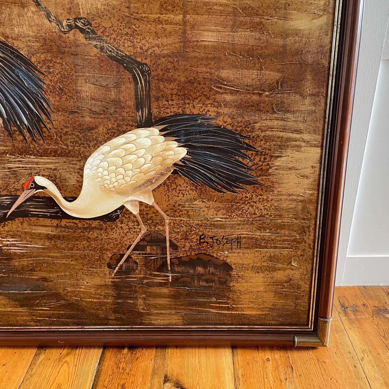 Large Cranes On The River Painting Canvas Art Signed B Joseph Asian Style Birds Bamboo Textured Mixed Media Artwork Picture 161x130cm photo buy