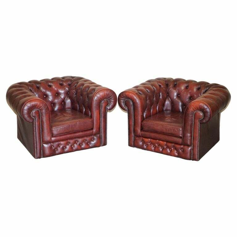 Pair Of Lovely Vintage Oxblood Leather Chesterfield Gentleman's Club Armchairs