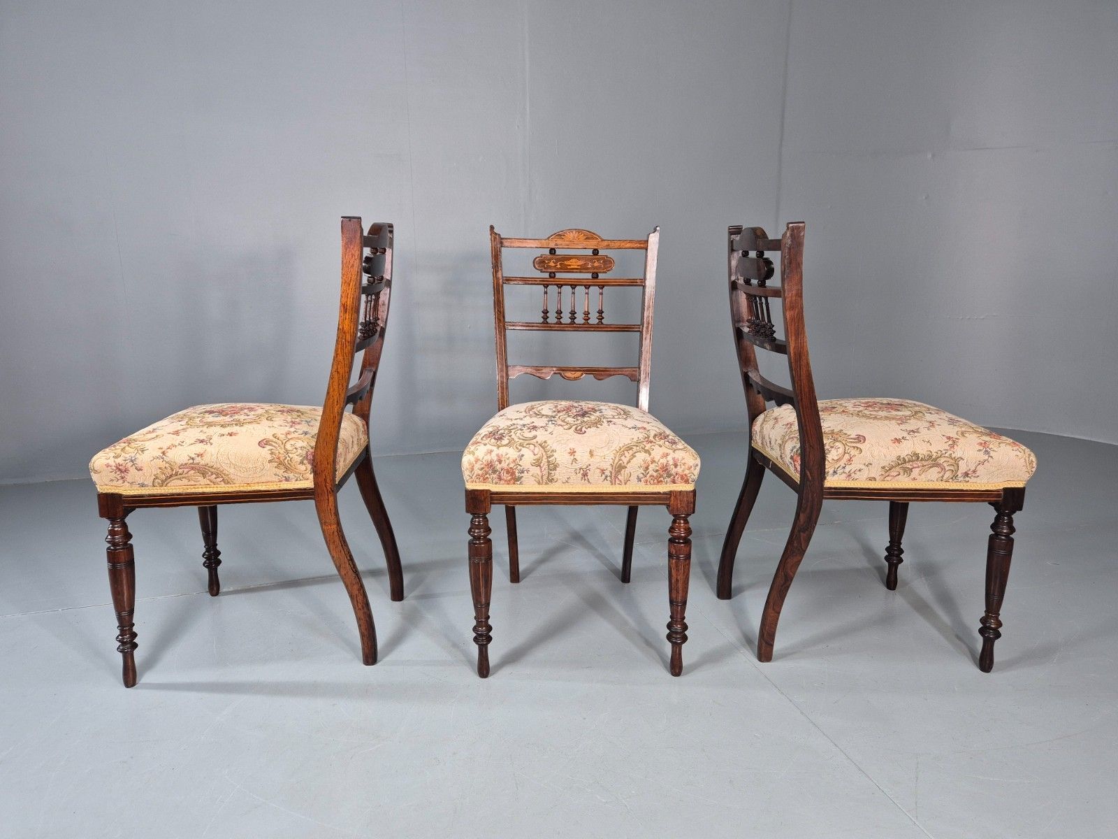 3 Antique Saloon Chairs Rosewood Frame Floral Seats Inlay Victorian Eb10990 Vdin photo vintage