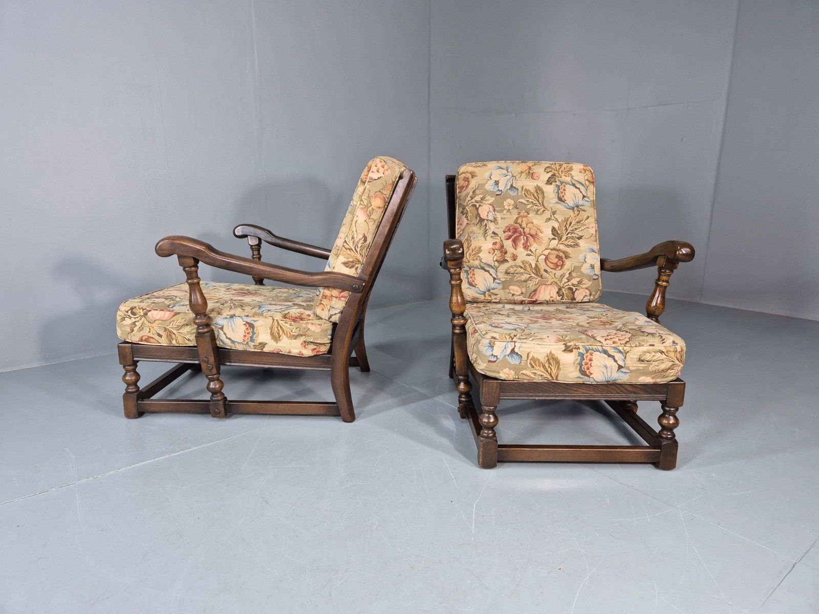 photo for sale 2 Ercol Cloister Lounge Chairs Dark Elm Frame Floral Upholstery 70s Eb10987 Vcar