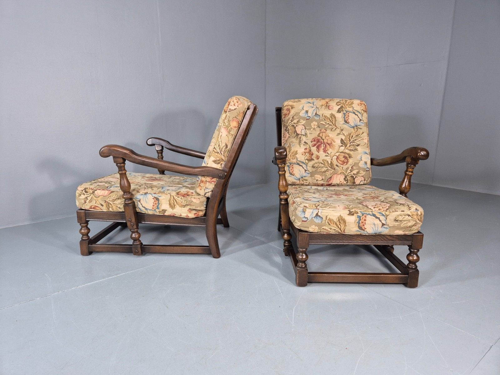 Furniture 2 Ercol Cloister Lounge Chairs Dark Elm Frame Floral Upholstery 70s Eb10987 Vcar photo
