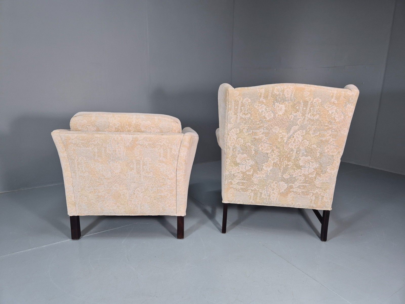 photo for sale 2 1970s Retro Lounge Chairs Danish Floral Cream Upholstery Eb10764 Vclo