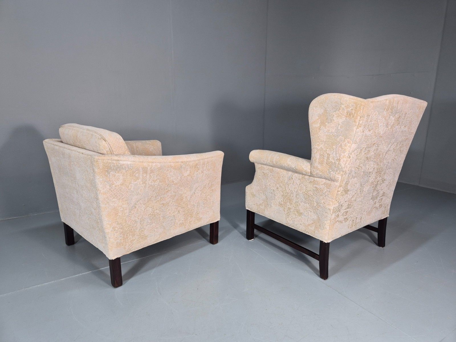 Furniture 2 1970s Retro Lounge Chairs Danish Floral Cream Upholstery Eb10764 Vclo photo