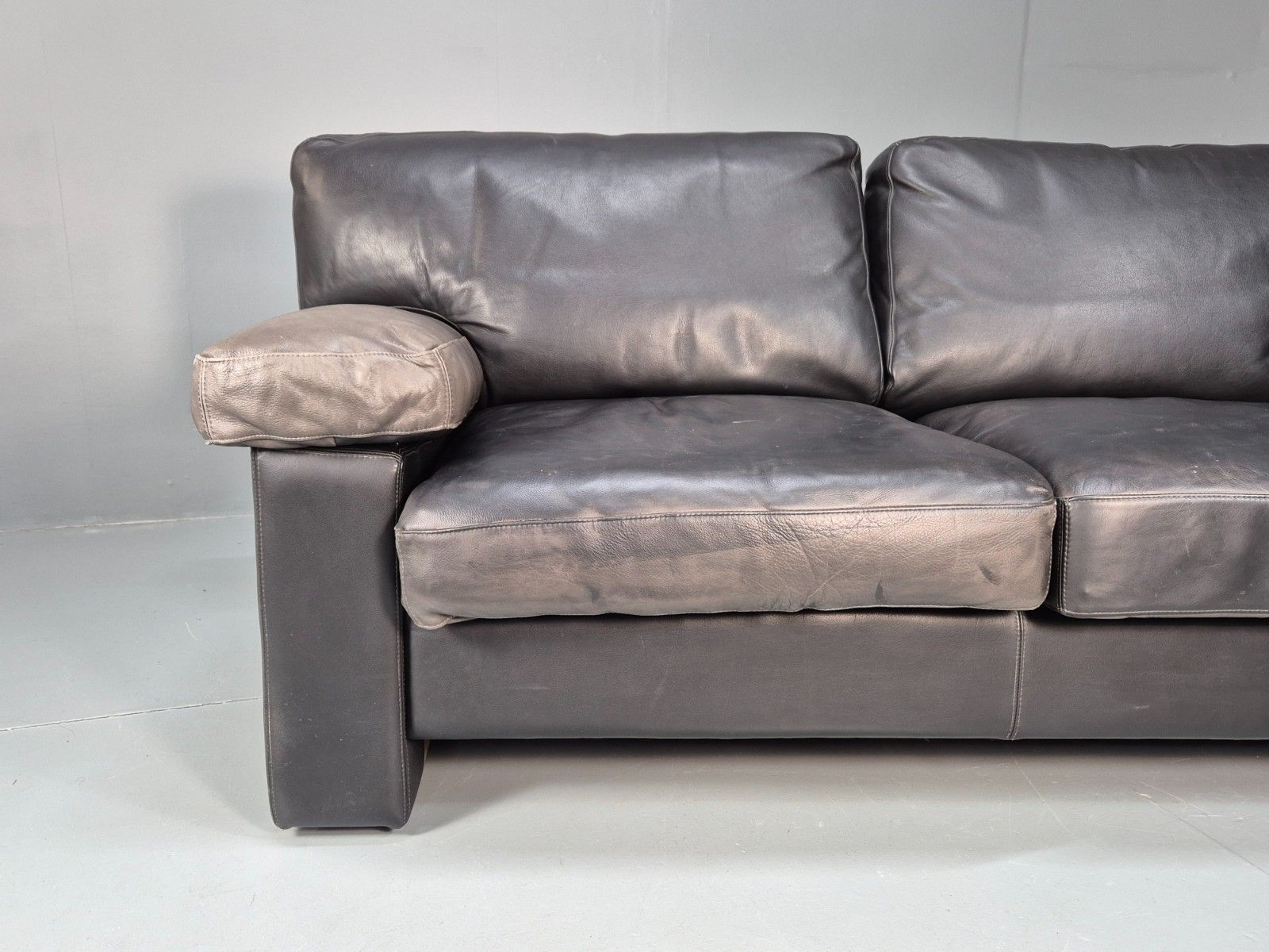 1980s Two Seater Sofa Faded Black Leather Boxy Style Retro Danish Eb10714 M2ss photo for sale