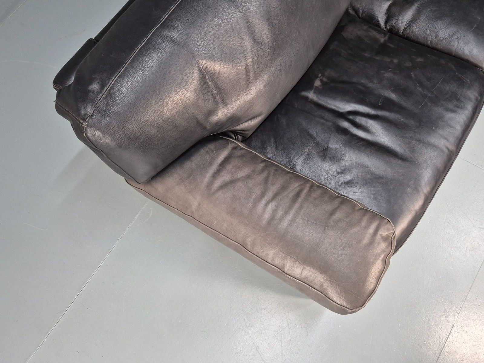 Furniture 1980s Two Seater Sofa Faded Black Leather Boxy Style Retro Danish Eb10714 M2ss photo