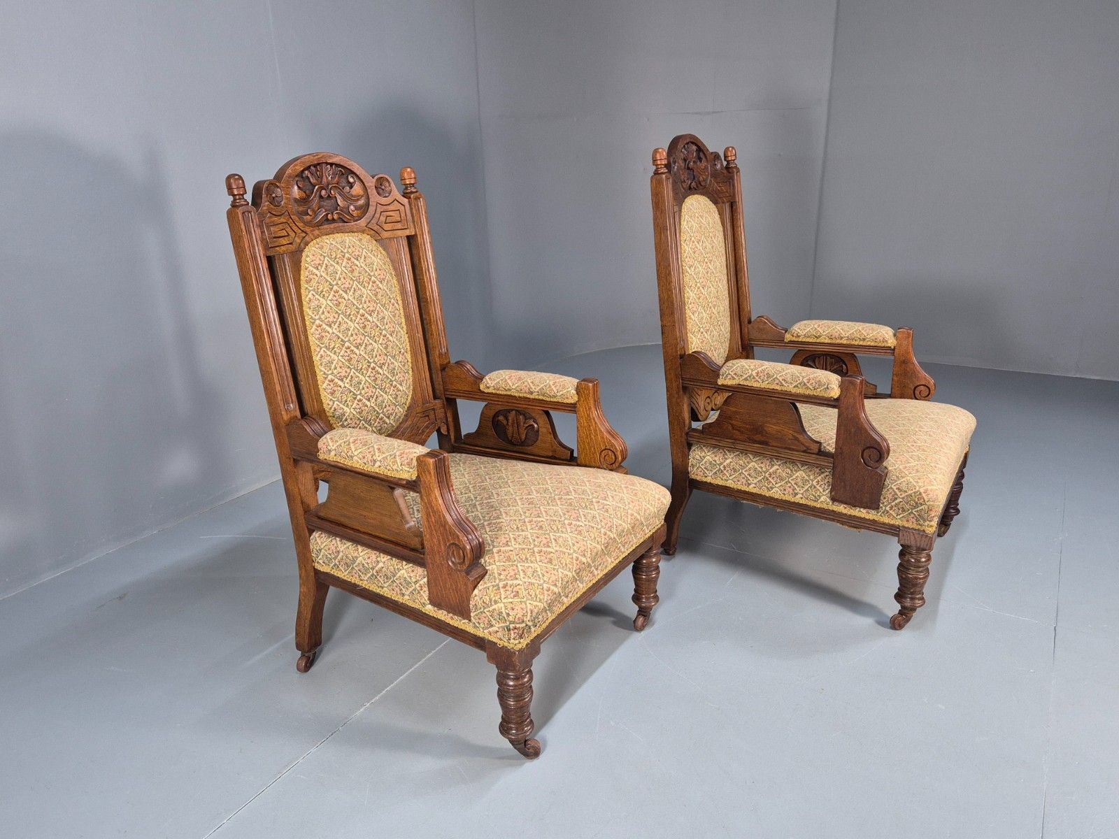 2 Edwardian Carved Oak Lounge Chairs Embroidery Upholstery 1900s Eb10690 Vcar photo vinterior