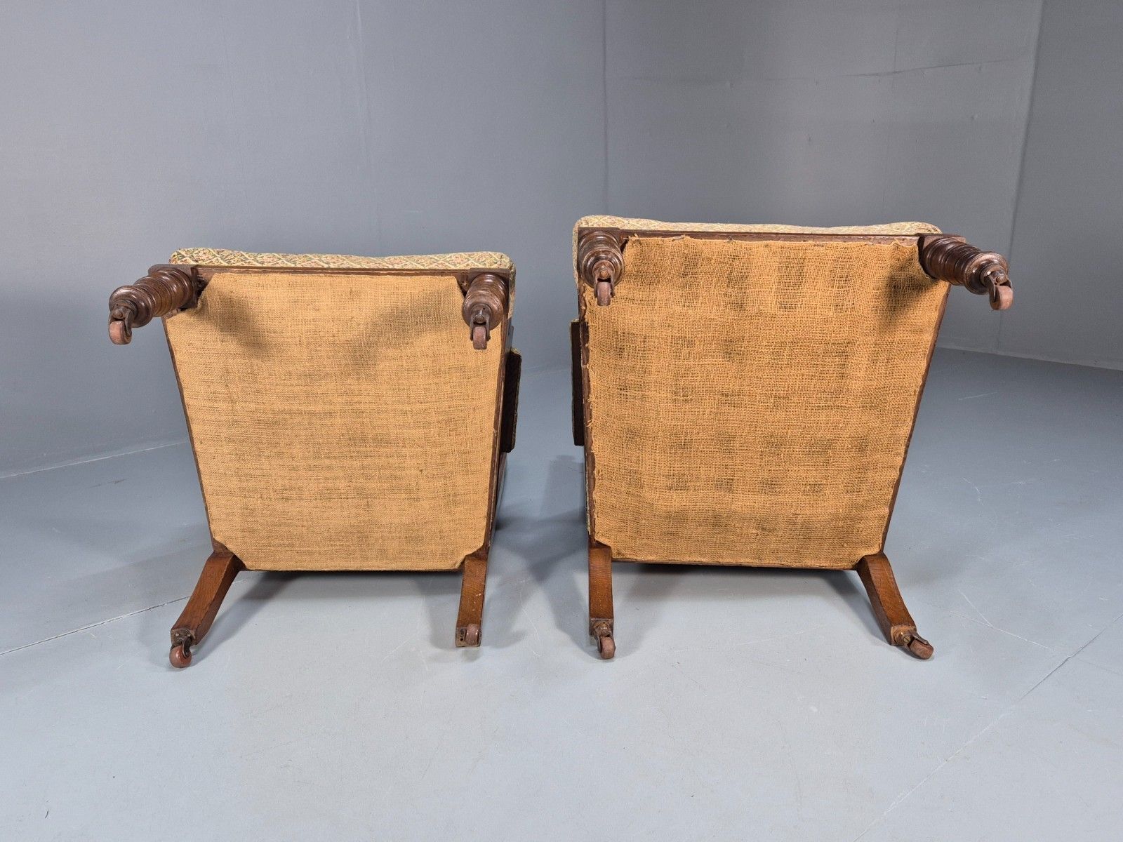 photo furniture 2 Edwardian Carved Oak Lounge Chairs Embroidery Upholstery 1900s Eb10690 Vcar