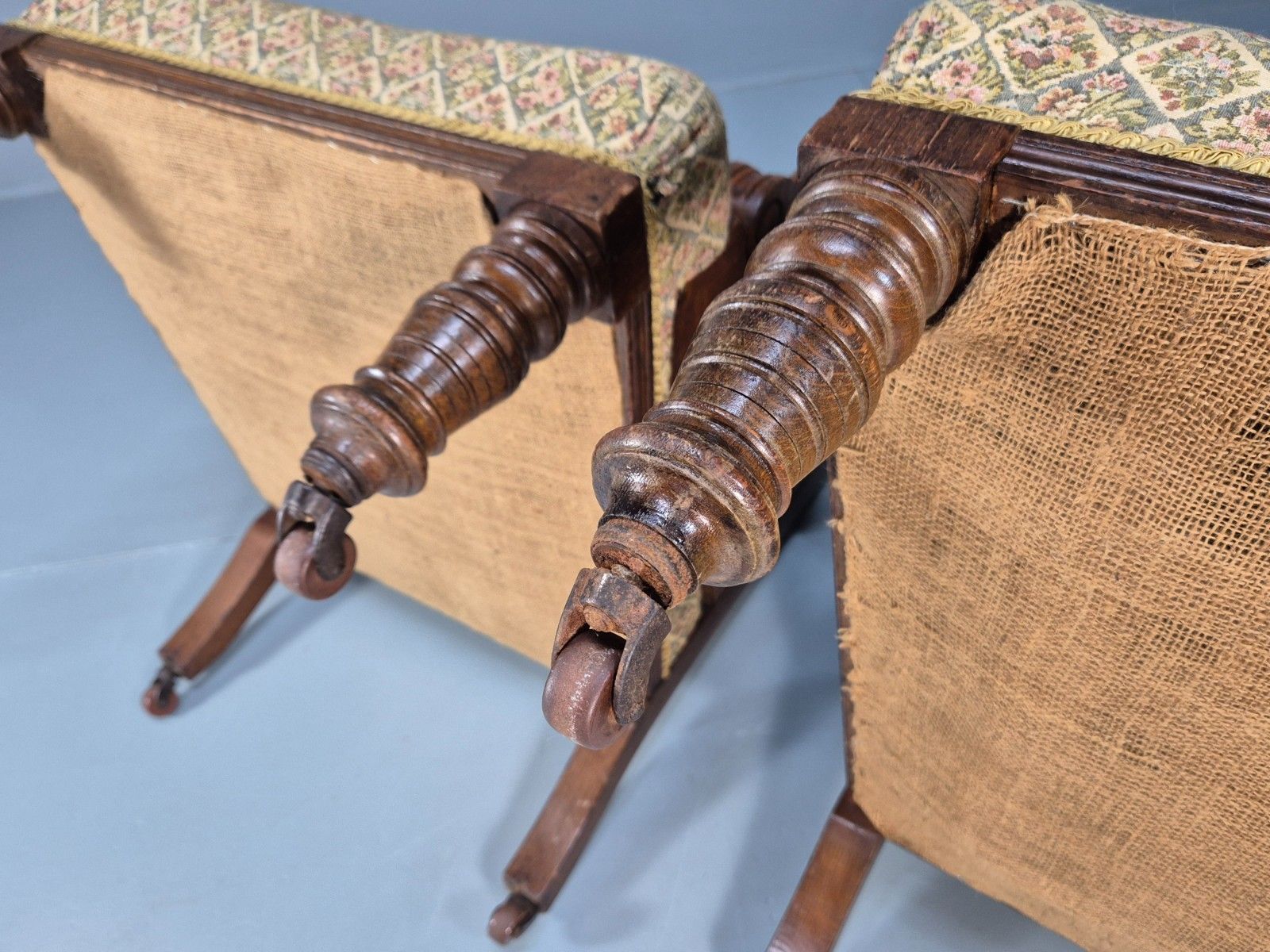 photo for sale 2 Edwardian Carved Oak Lounge Chairs Embroidery Upholstery 1900s Eb10690 Vcar
