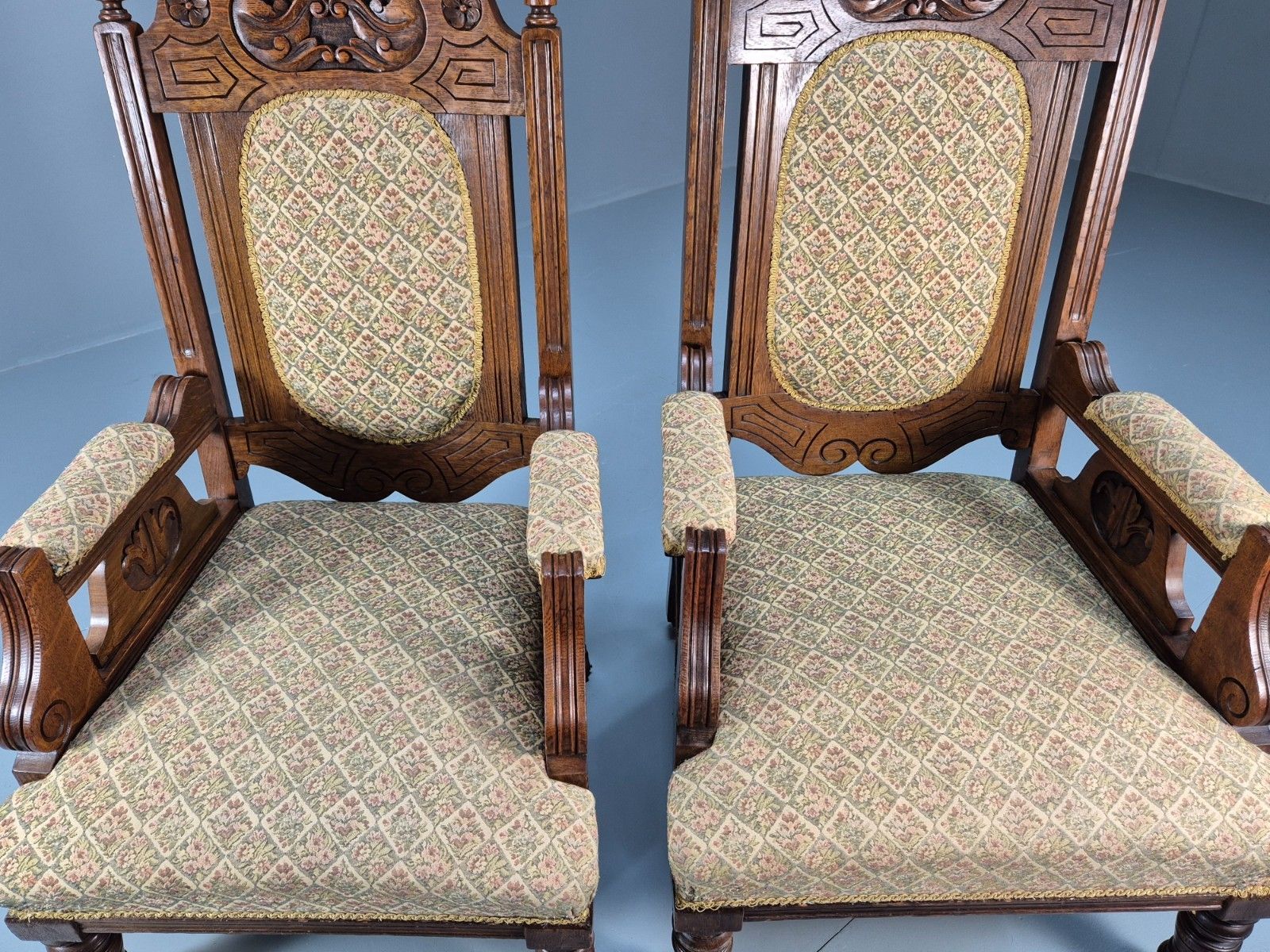Furniture 2 Edwardian Carved Oak Lounge Chairs Embroidery Upholstery 1900s Eb10690 Vcar photo