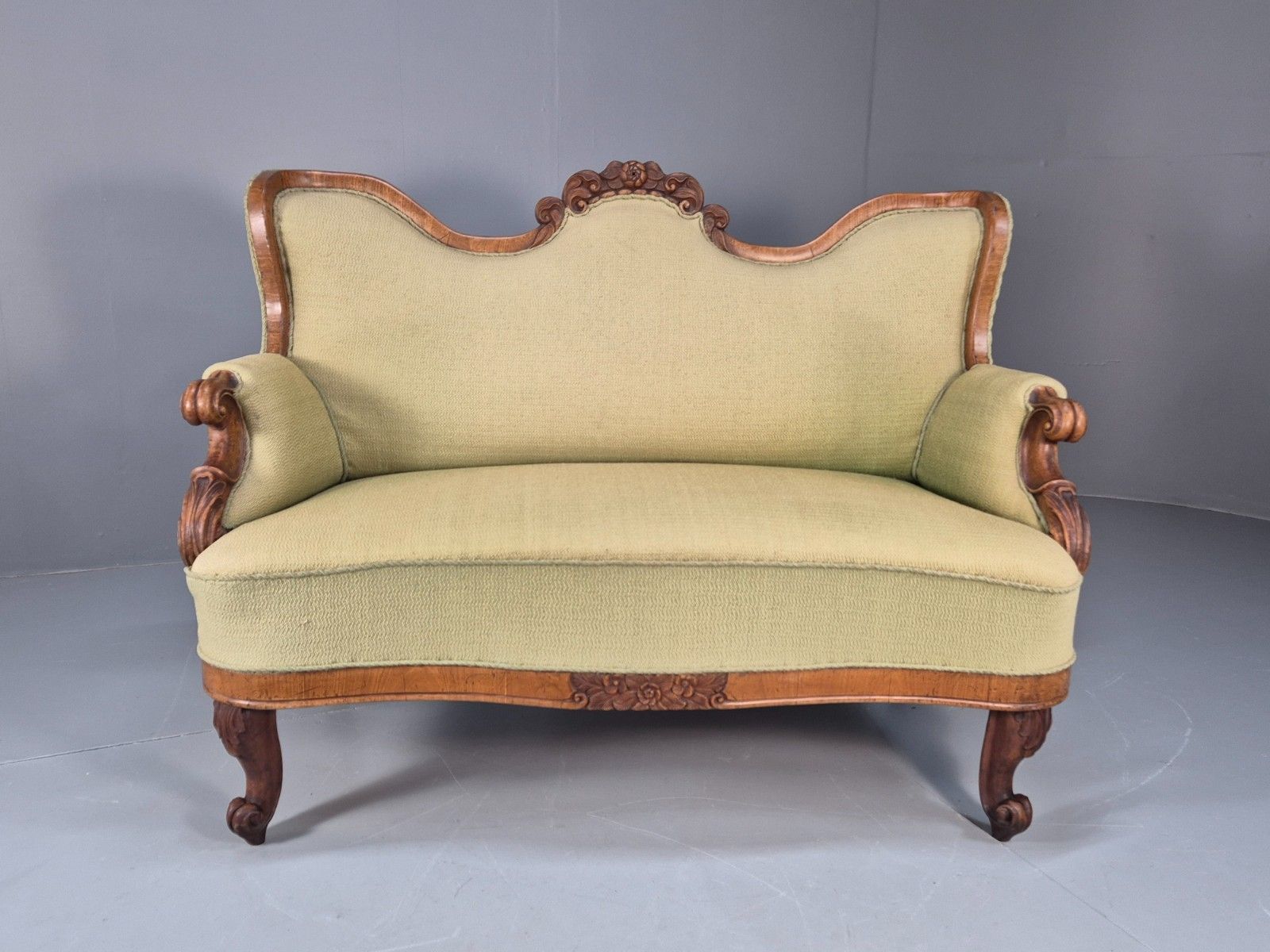 Antique Mahogany Two Seat Sofa Green Fabric Vintage 19th Century Eb9670 V2ss photo furniture