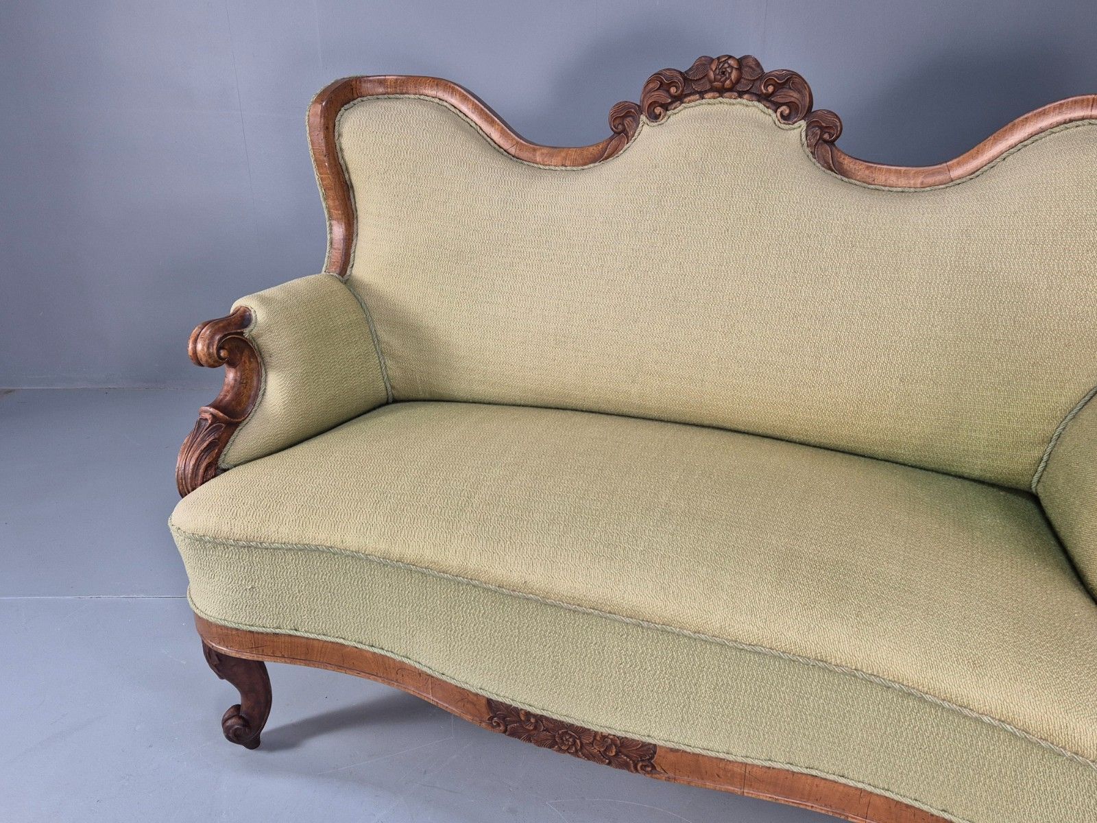 Antique Mahogany Two Seat Sofa Green Fabric Vintage 19th Century Eb9670 V2ss photo Furniture