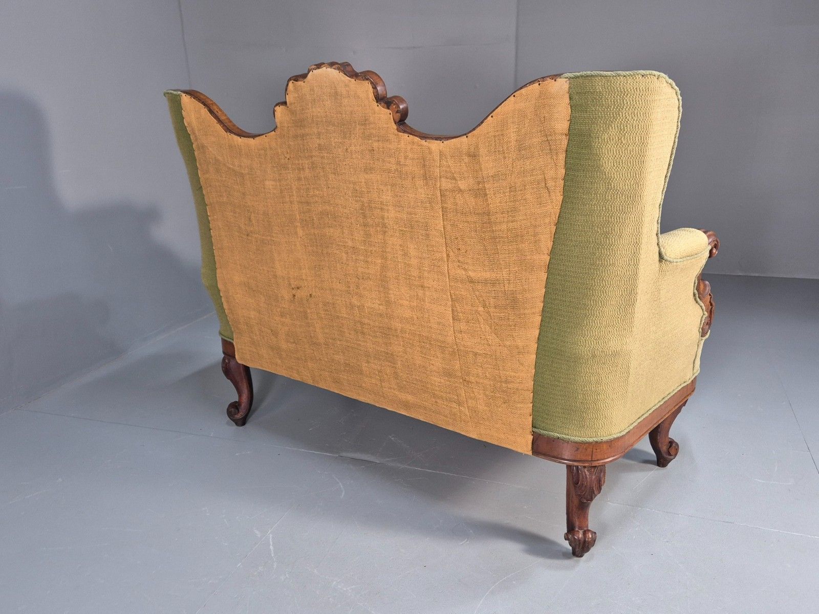 photo vinterior Antique Mahogany Two Seat Sofa Green Fabric Vintage 19th Century Eb9670 V2ss