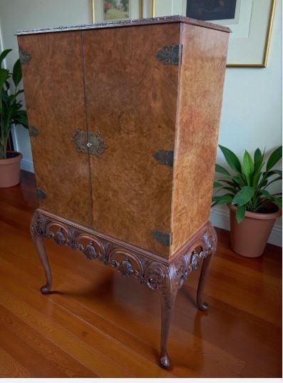 Antique Walnut Cocktail Cabinet Drinks Cabinet Queen Anne Style Vintage 1930's