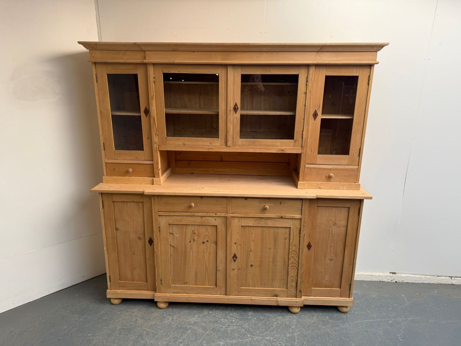 A Quality Low & Wide Antique Pine Cottage Kitchen Dresser To Wax / Paint photo for sale