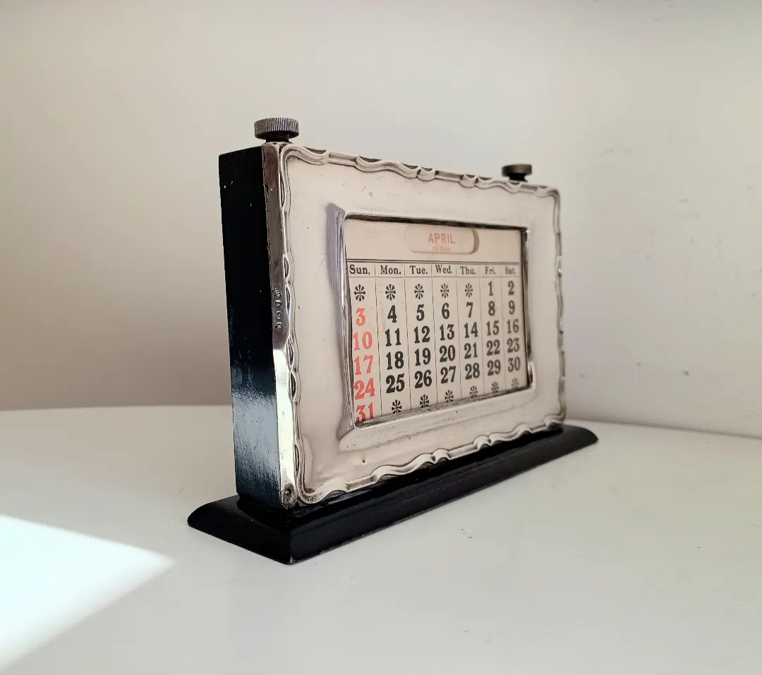 English Art Deco Sterling Silver Front Desk Calendar: Ebonised Wood, Hallmark 1929 photo 145.0