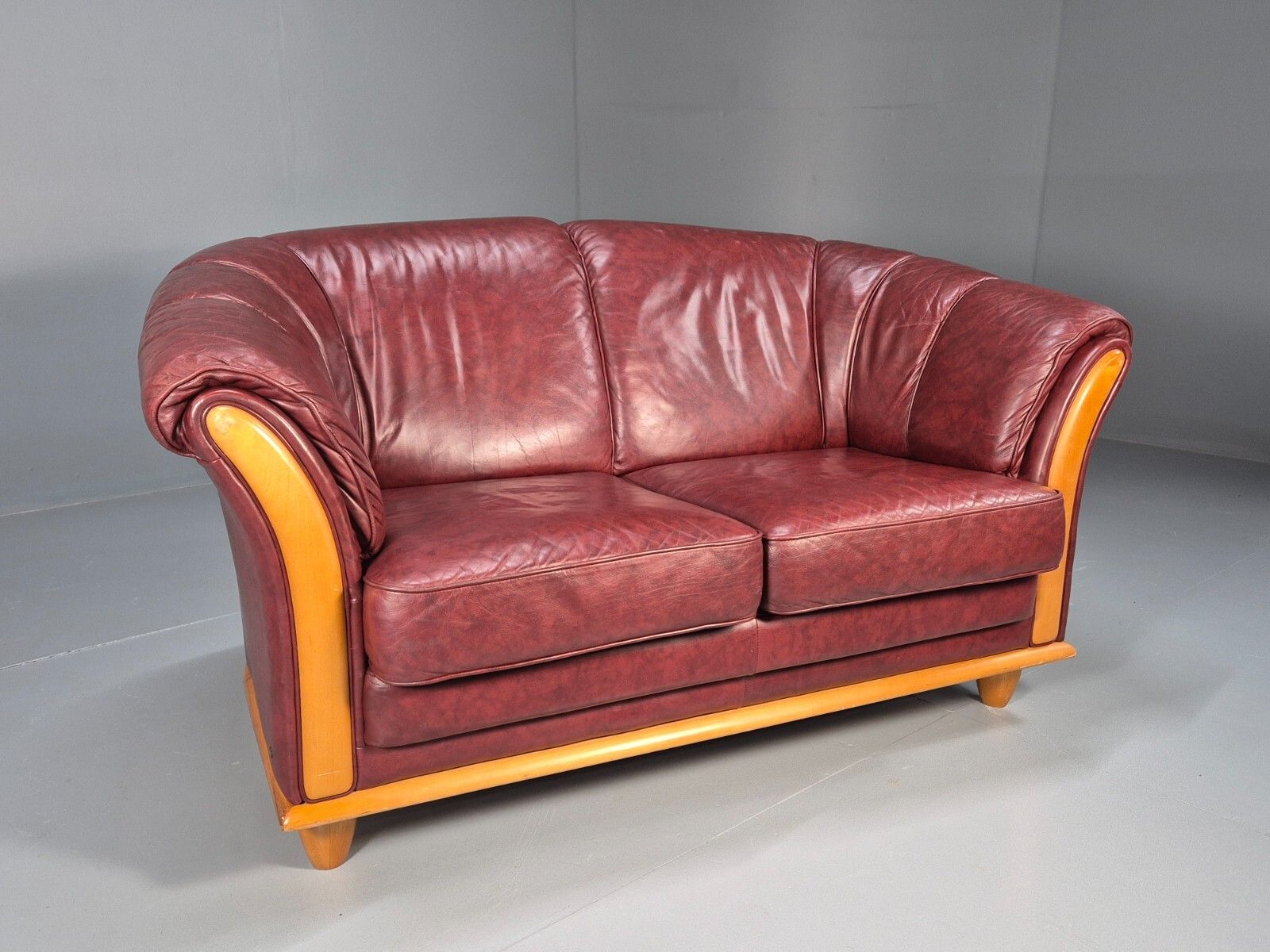 Vintage Danish 2 Seat Sofa Red Leather Wood Trim 1990s Retro Eb8567 M2ss